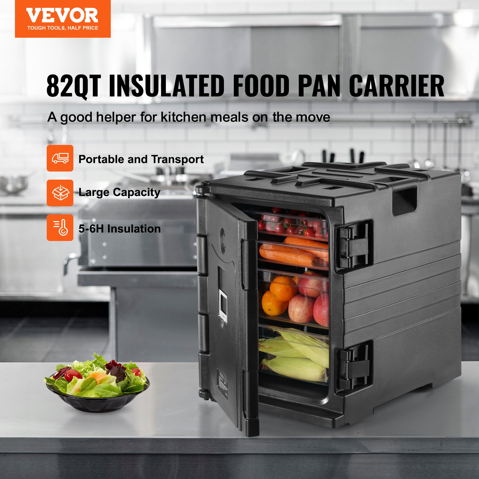 VEVOR insulated food pan carrier in a stainless steel kitchen with food items inside.