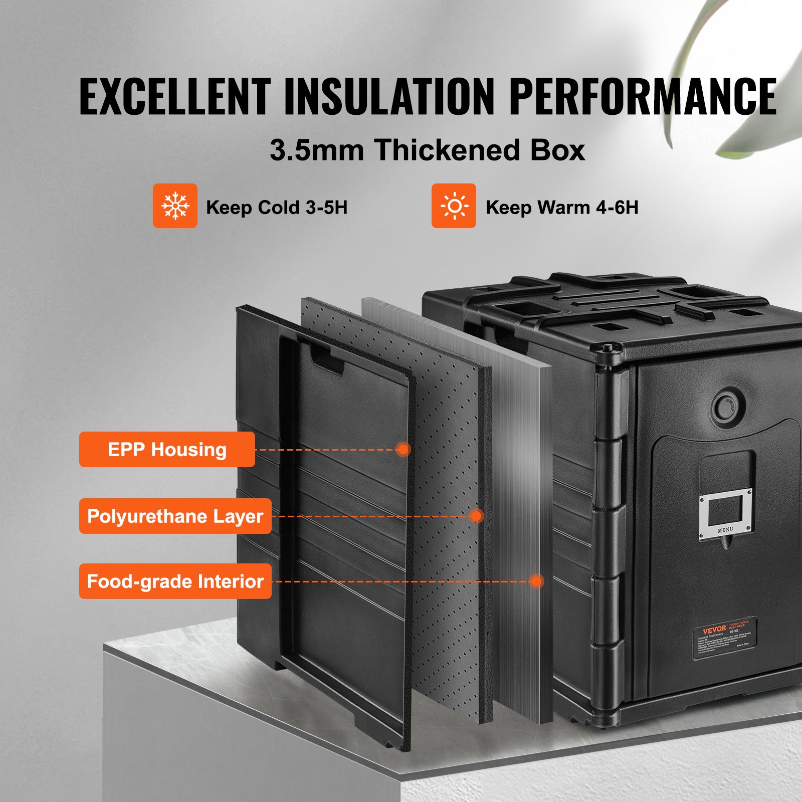 VEVOR insulated food pan carrier showcasing layered insulation components.