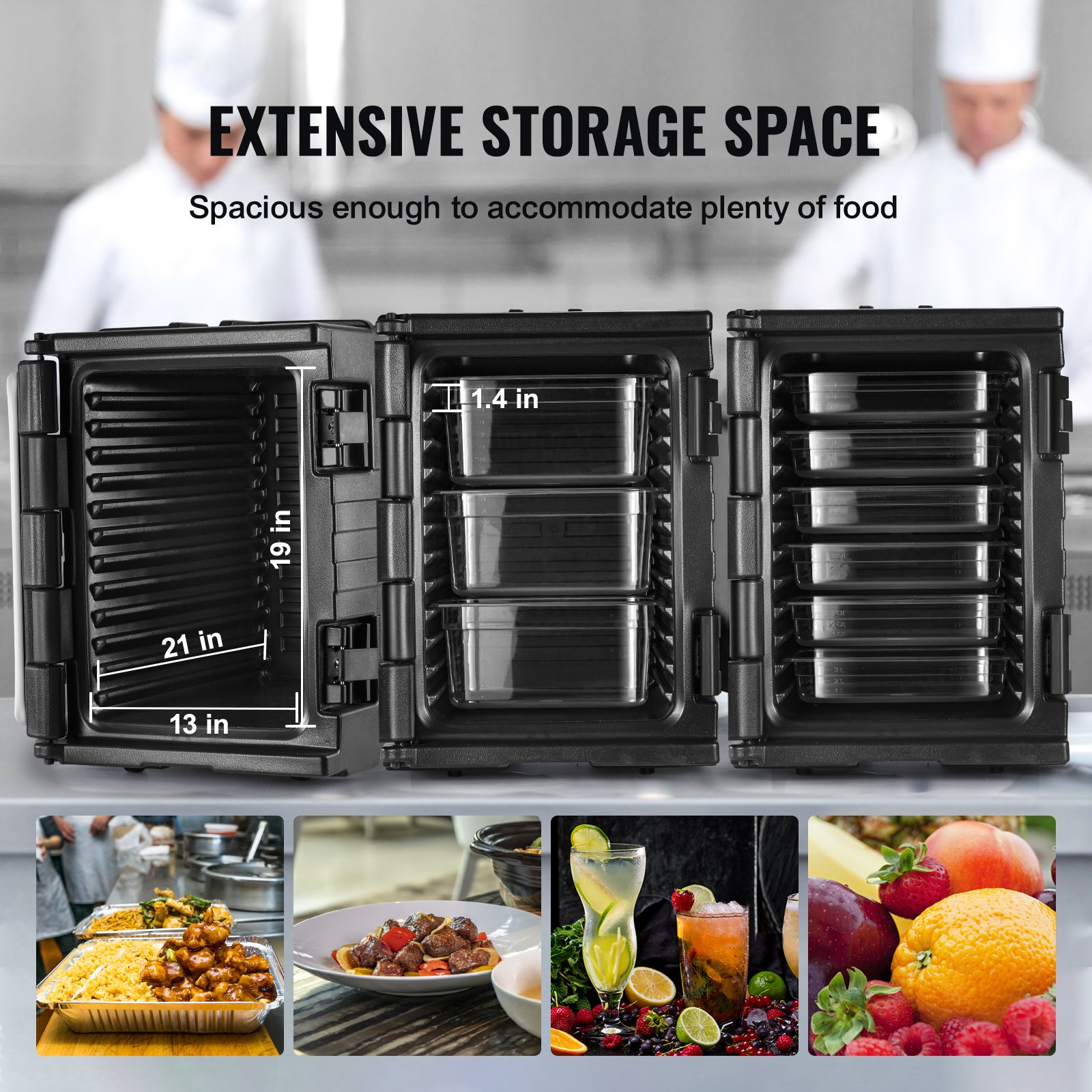 VEVOR insulated food pan carrier with extensive storage space for various meals.