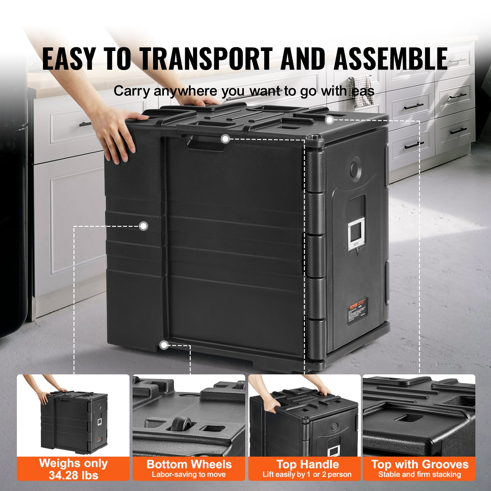 VEVOR insulated food pan carrier, lightweight, with wheels and handles for easy transport.