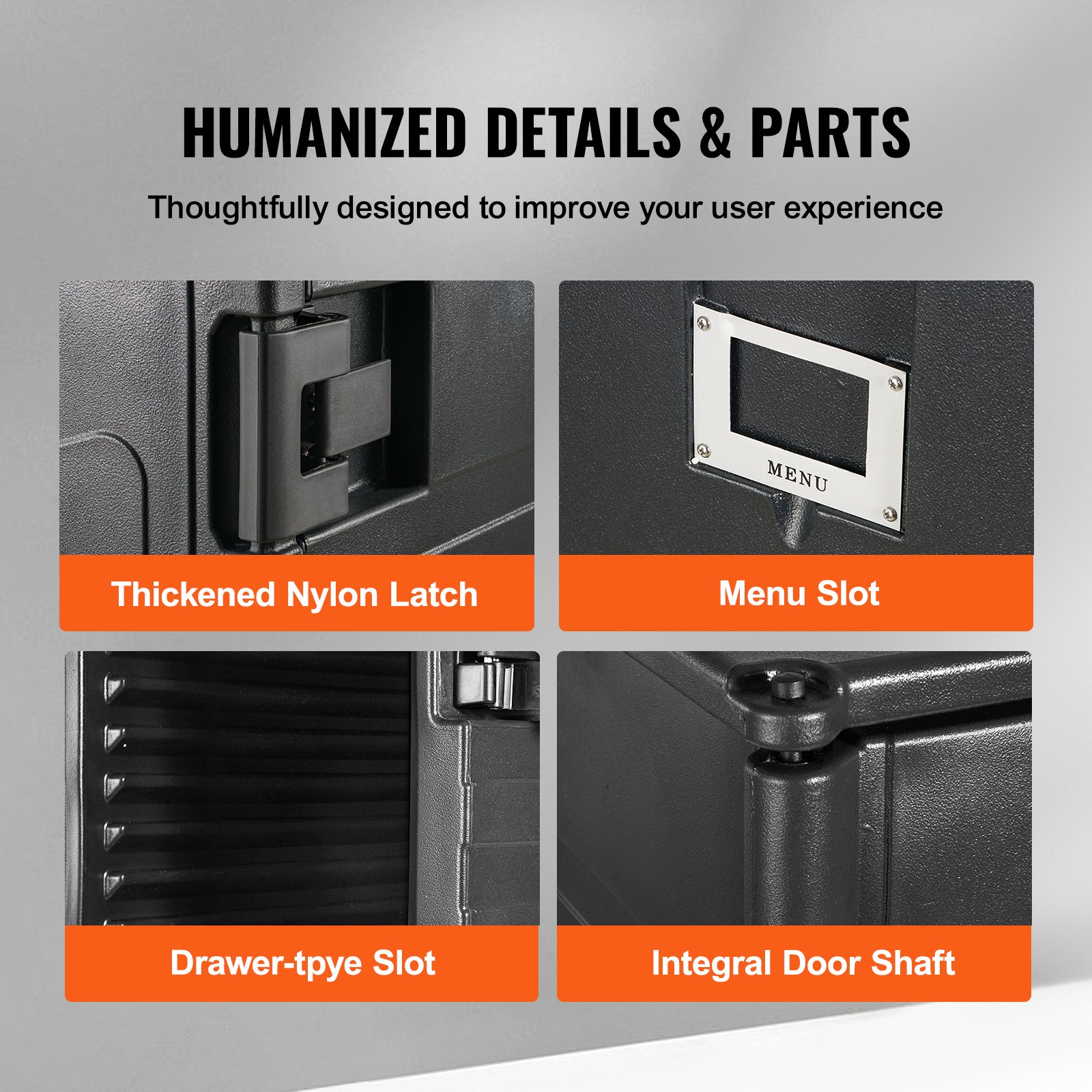 VEVOR insulated food pan carrier with nylon latch, menu slot, drawer slot, and door shaft.