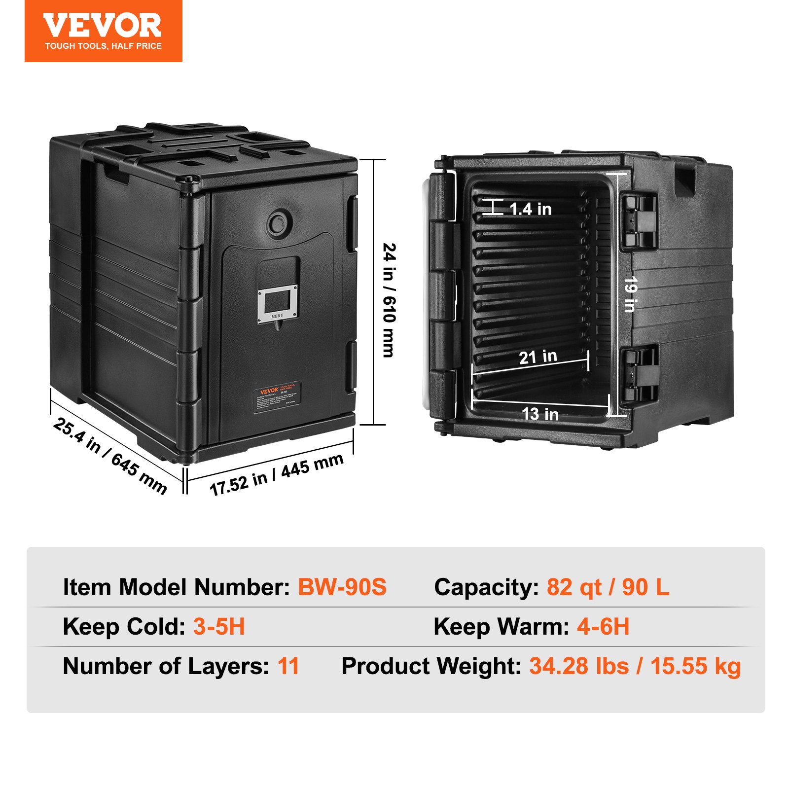 VEVOR insulated food pan carrier with dimensions and specifications displayed.