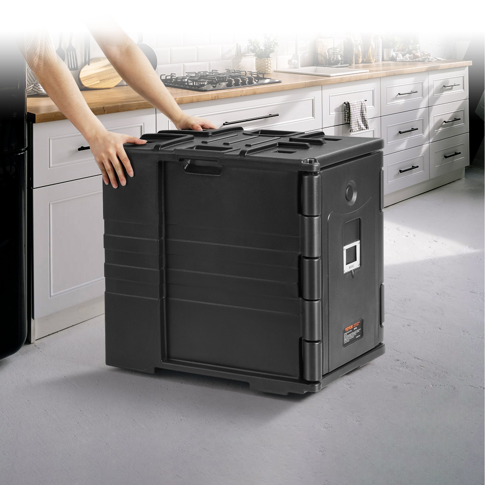 person placing VEVOR insulated food pan carrier in a modern kitchen.
