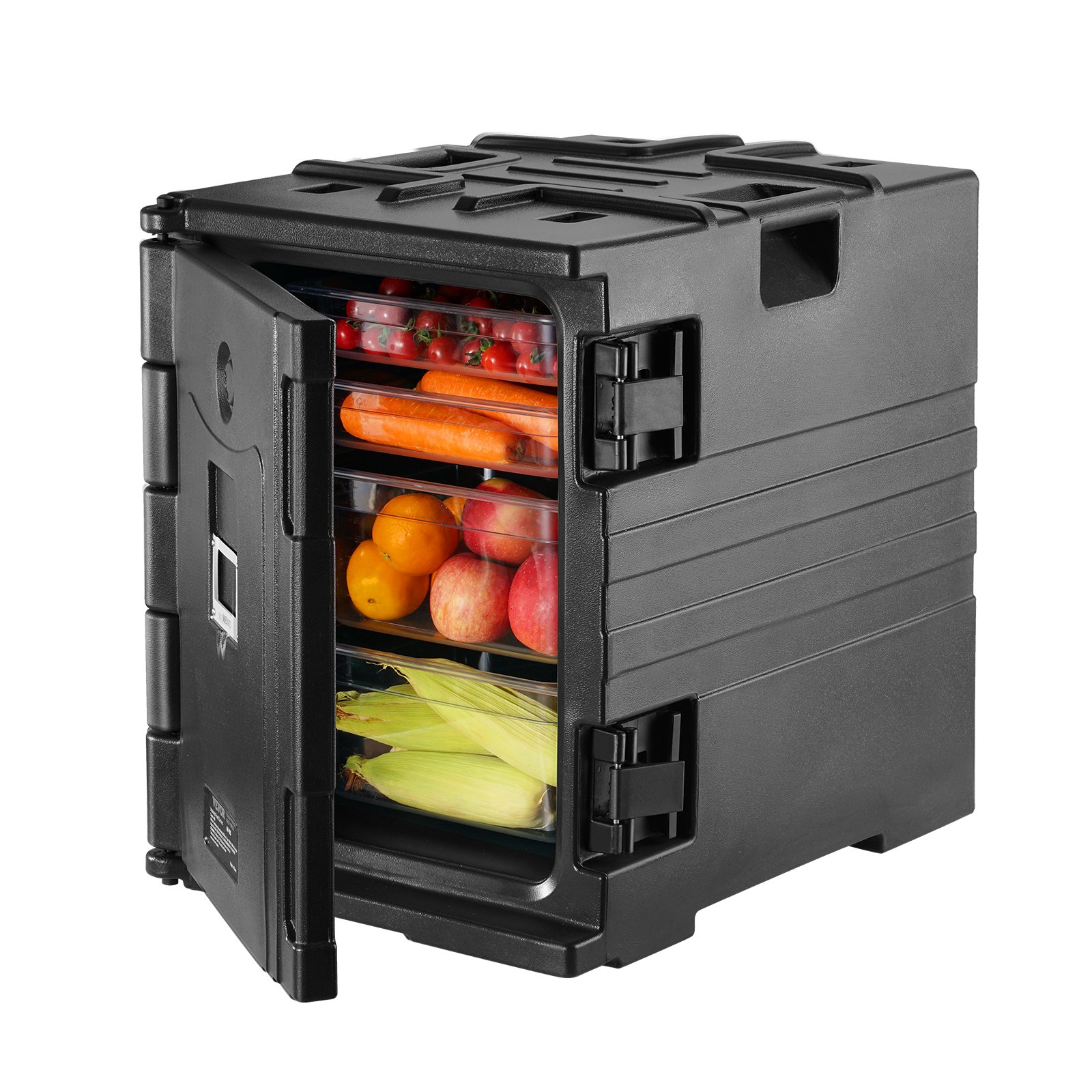 VEVOR insulated food pan carrier loaded with fresh fruits and vegetables.