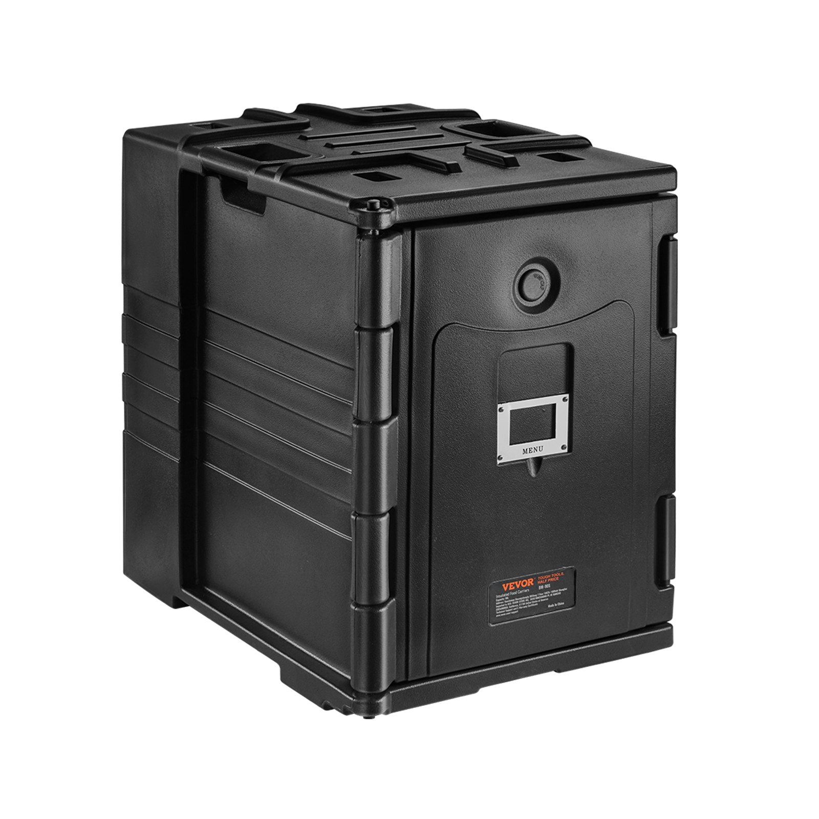 black VEVOR insulated food pan carrier with front latch and menu slot.