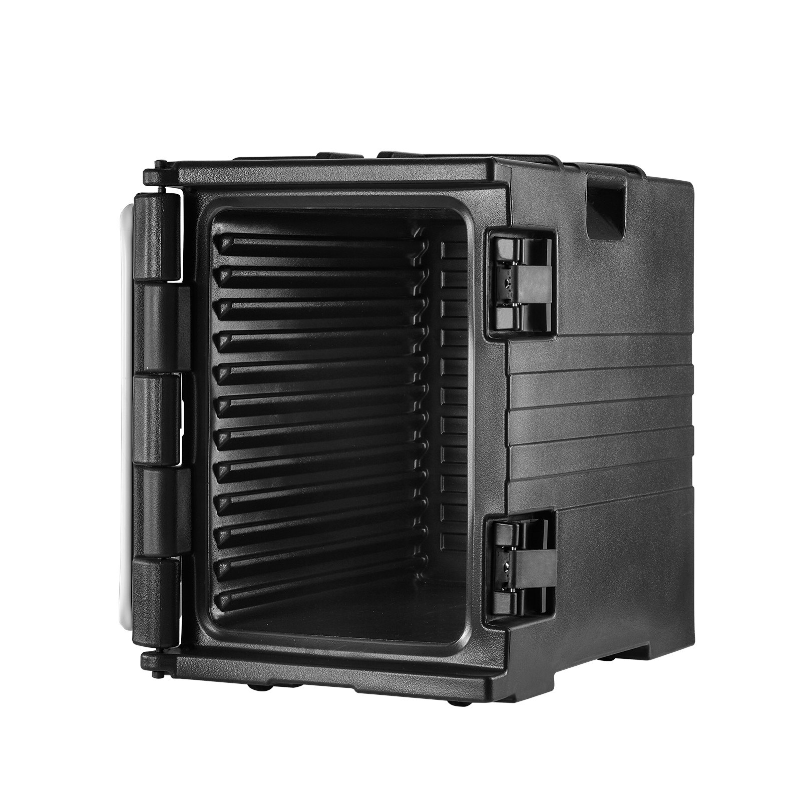 black VEVOR insulated food pan carrier with open door and secure latch system.