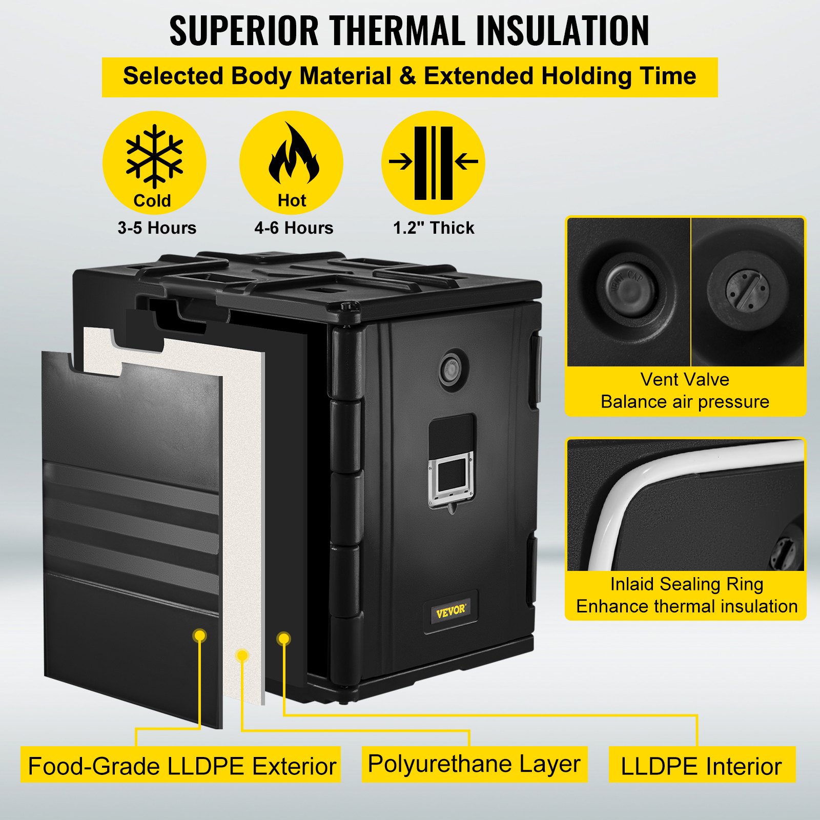 VEVOR Insulated Food Pan Carrier, 90 L Hot Box for Catering, LLDPE Food Box Carrier w/ Double Buckles, Front Loading Food Warmer w/ Handles, Stackable End Loader for Restaurant, Canteen, etc. Black