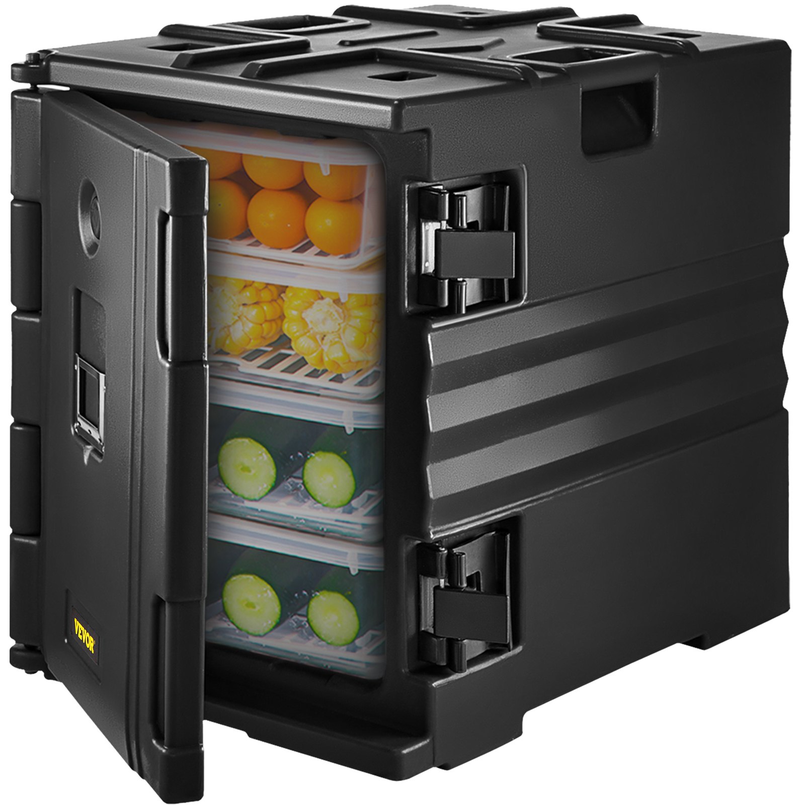 VEVOR Insulated Food Pan Carrier, 90 L Hot Box for Catering, LLDPE Food Box Carrier w/ Double Buckles, Front Loading Food Warmer w/ Handles, Stackable End Loader for Restaurant, Canteen, etc. Black