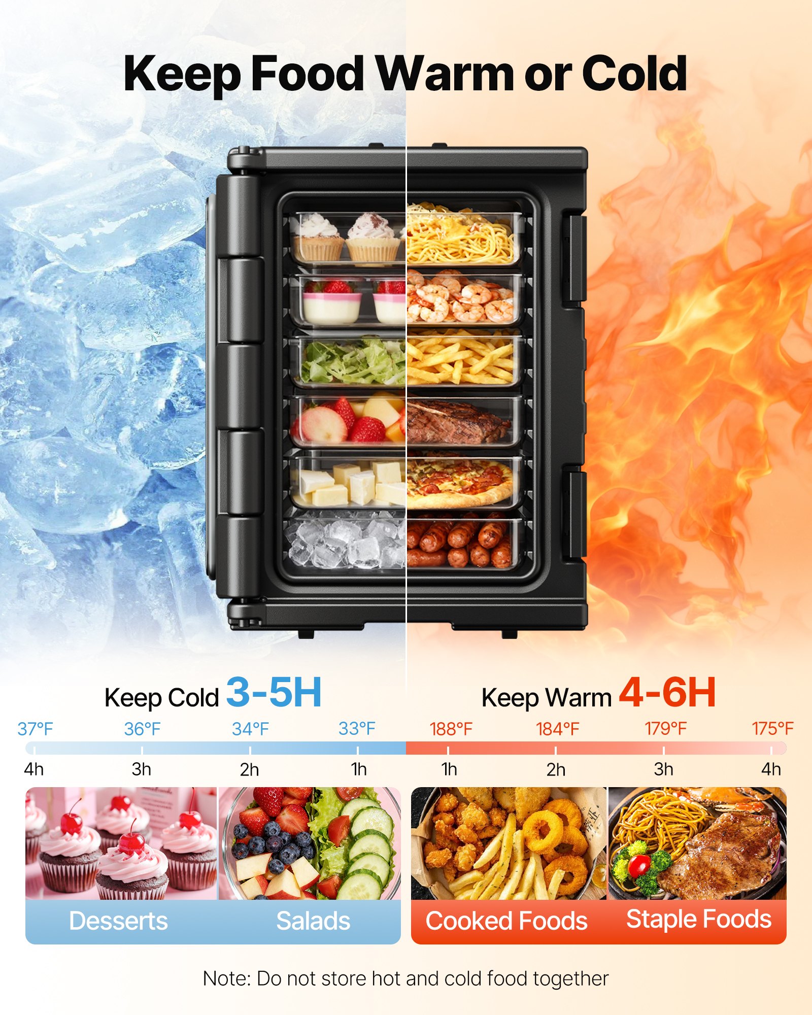 VEVOR Insulated Food Pan Carrier, 82 Qt Hot Box for Catering, LLDPE Food Box Carrier with Double Buckles, Front Loading Food Warmer with Handles, Stackable End Loader for Restaurant, Canteen, etc. Bla
