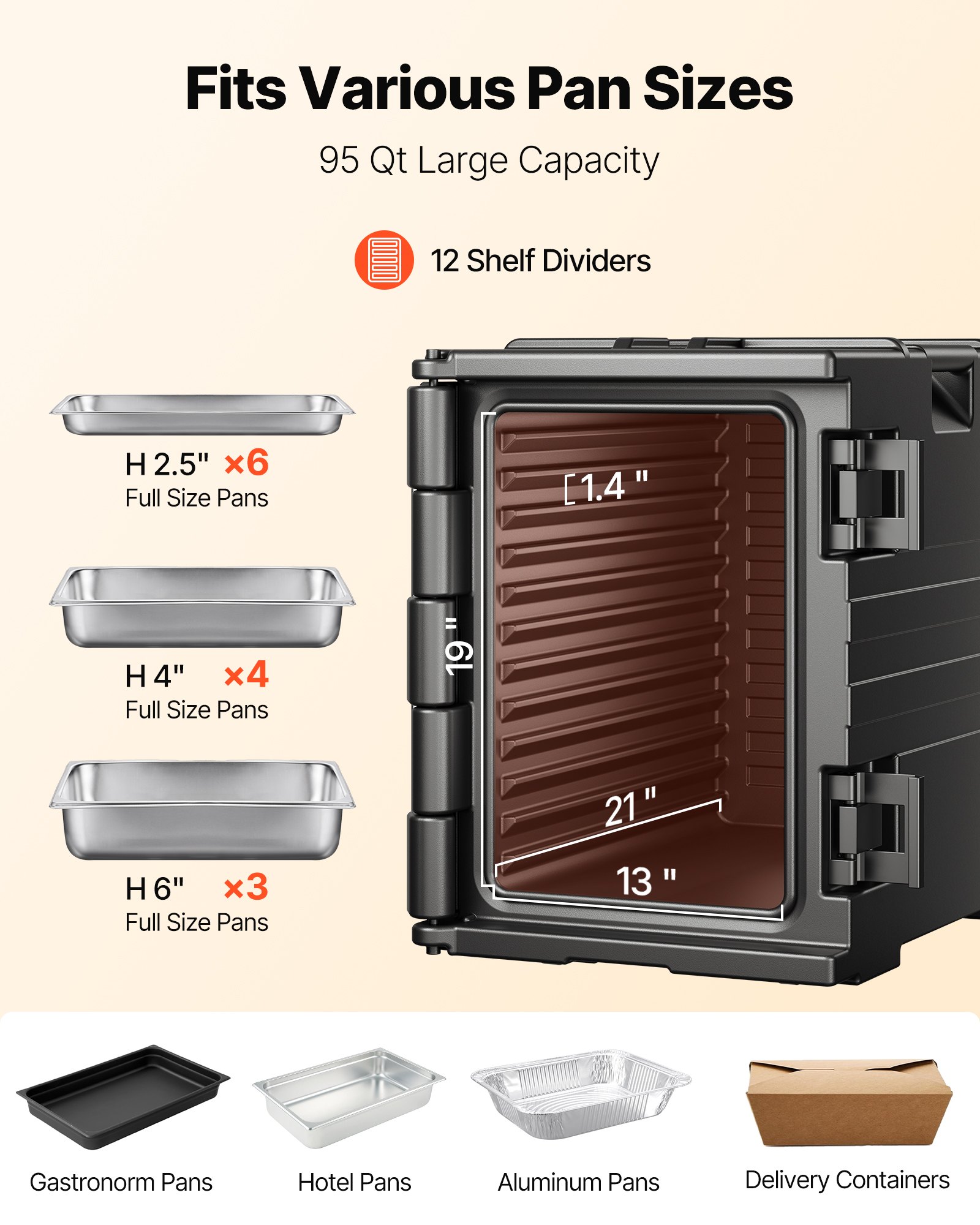 VEVOR Insulated Food Pan Carrier, 82 Qt Hot Box for Catering, LLDPE Food Box Carrier with Double Buckles, Front Loading Food Warmer with Handles, Stackable End Loader for Restaurant, Canteen, etc. Bla