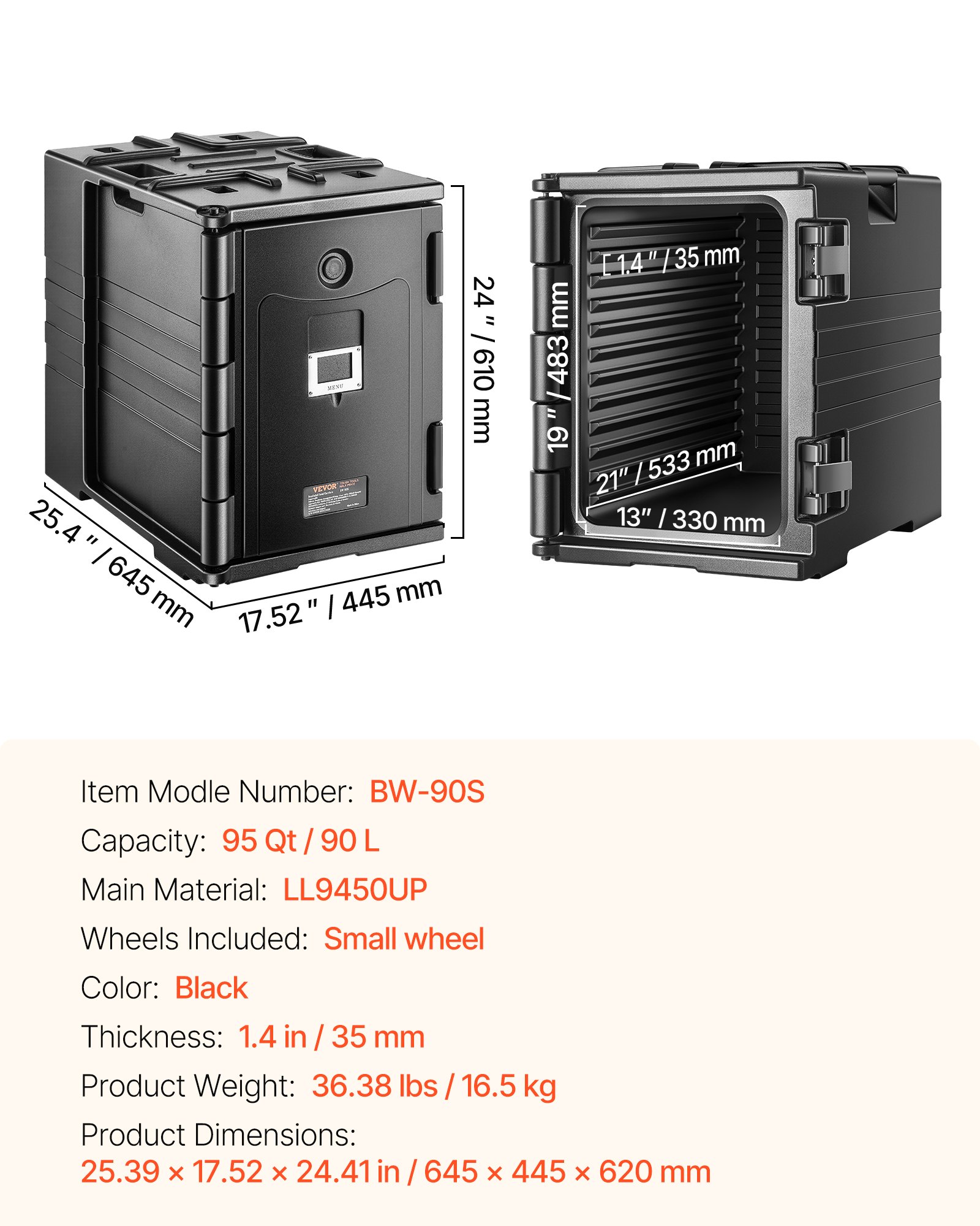 VEVOR Insulated Food Pan Carrier, 82 Qt Hot Box for Catering, LLDPE Food Box Carrier with Double Buckles, Front Loading Food Warmer with Handles, Stackable End Loader for Restaurant, Canteen, etc. Bla