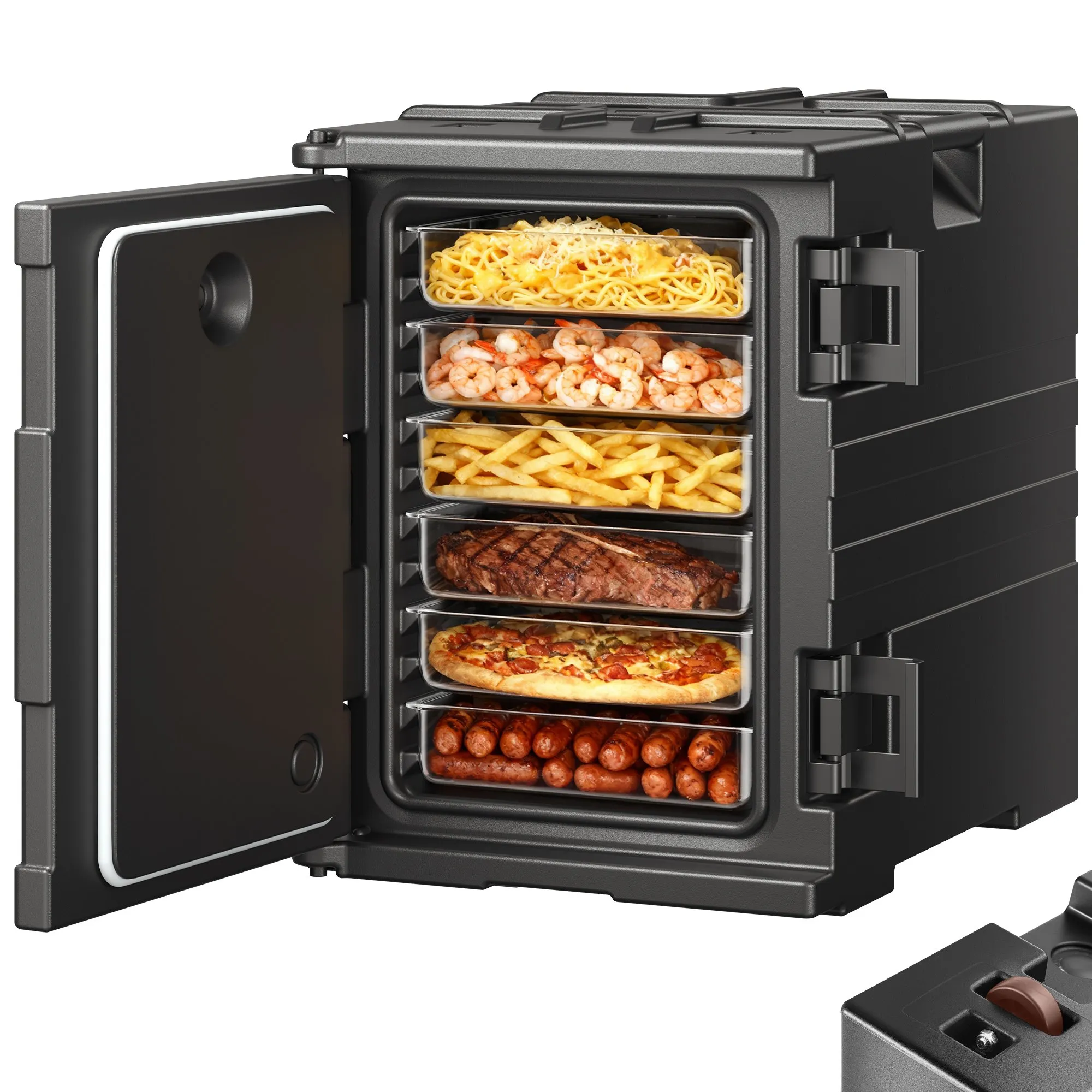 VEVOR Insulated Food Pan Carrier, 82 Qt Hot Box for Catering, LLDPE Food Box Carrier with Double Buckles, Front Loading Food Warmer with Handles, Stackable End Loader for Restaurant, Canteen, etc. Bla