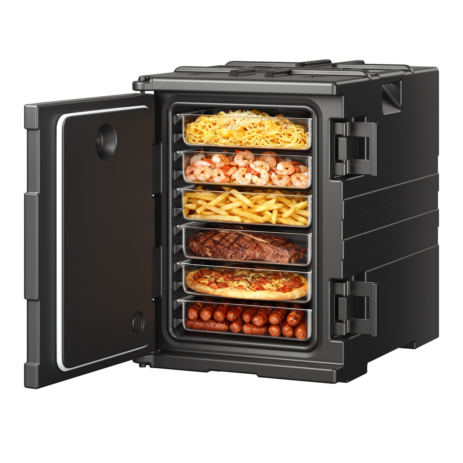 VEVOR Insulated Food Pan Carrier, 82 Qt Hot Box for Catering, LLDPE Food Box Carrier with Double Buckles, Front Loading Food Warmer with Handles, Stackable End Loader for Restaurant, Canteen, etc. Bla