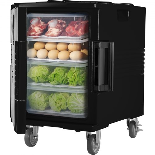 VEVOR Insulated Food Pan Carrier, 82 Qt Hot Box for Catering, LLDPE Food Box Carrier w/ One-Piece Buckle, Front Loading Food Warmer w/ Handles, End Loader w/ Wheels for Restaurant, Canteen, etc. Black
