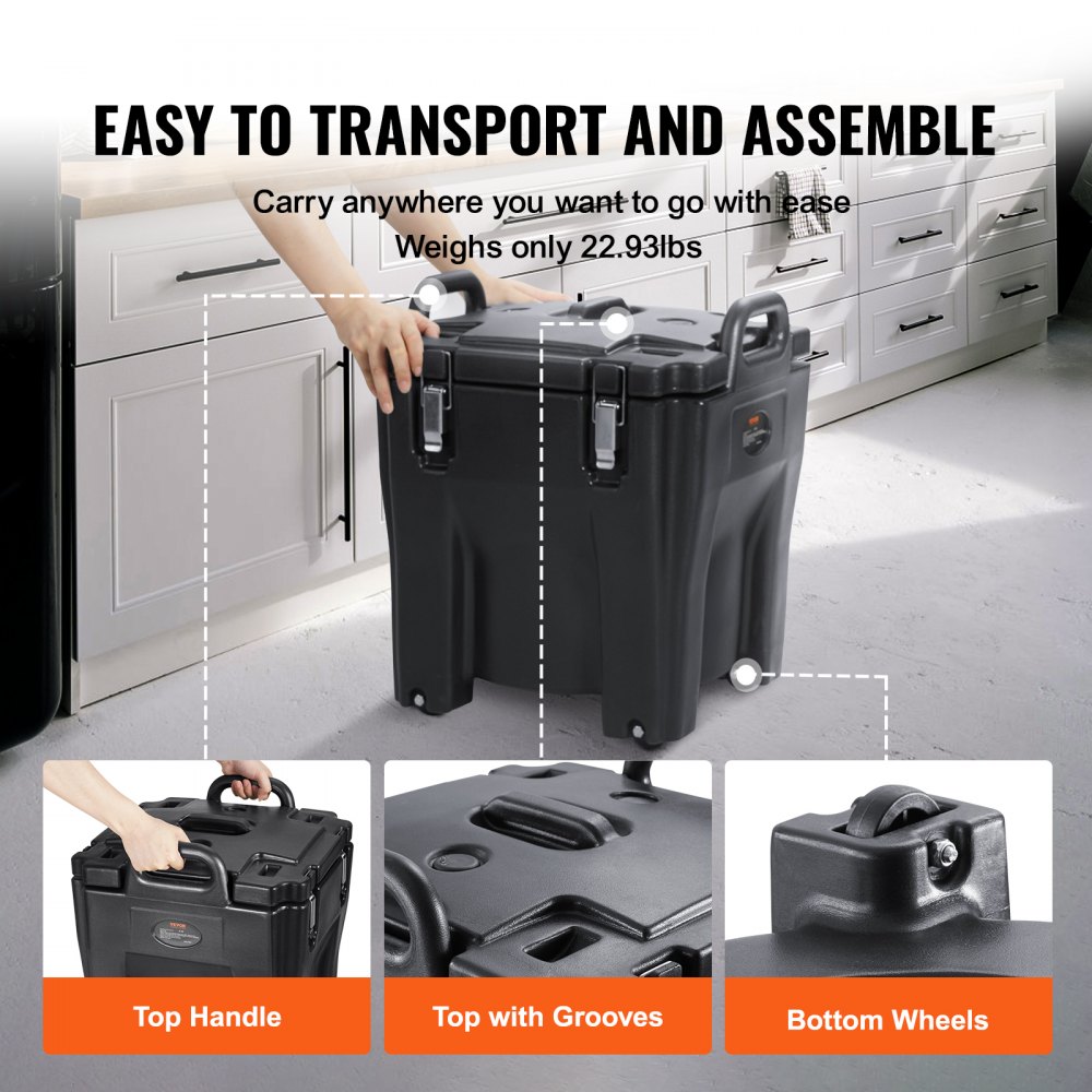 VEVOR Insulated Food Carrier, 32Qt Capacity, Stackable Catering Hot Box with Stainless Steel Barrel, Top Load LLDPE Food Warmer with Integral Handles Buckles Stationary Base, for Restaurant Canteen, B
