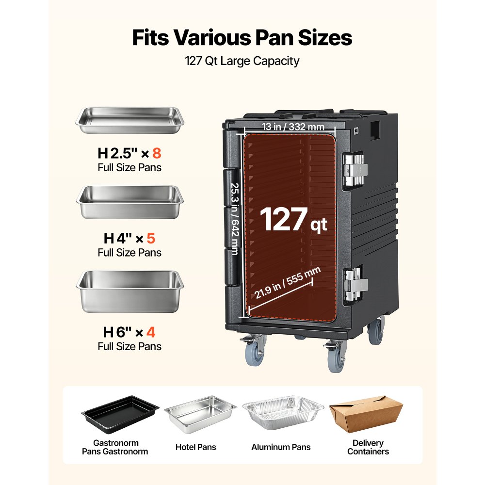 VEVOR Insulated Food Pan Carrier, 127 Qt Non-Electrical Food Warmer, with Swivel Wheel & 304 Stainless Steel Latch, LLDPE Stackable Hot Box, for Various Pan Sizes(NOT Included), Fit Catering BBQ Event