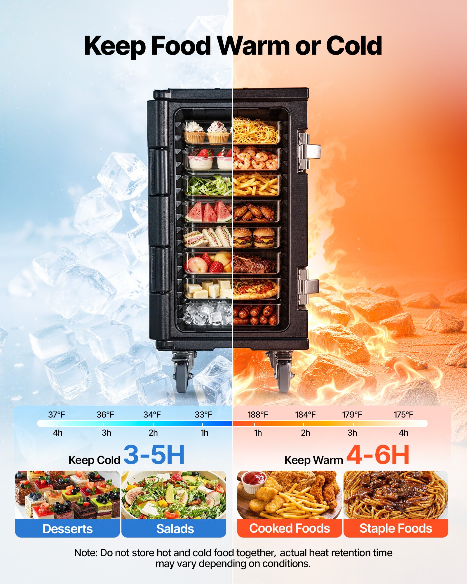 VEVOR Insulated Food Pan Carrier, 127 Qt Non-Electrical Food Warmer, with Swivel Wheel & 304 Stainless Steel Latch, LLDPE Stackable Hot Box, for Various Pan Sizes(NOT Included), Fit Catering BBQ Event