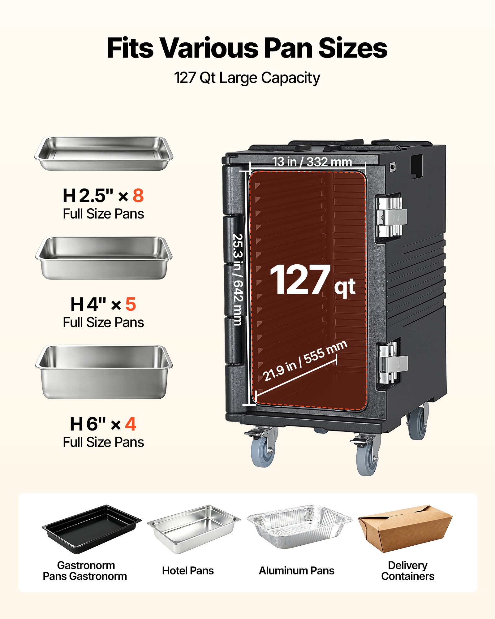 VEVOR Insulated Food Pan Carrier, 127 Qt Non-Electrical Food Warmer, with Swivel Wheel & 304 Stainless Steel Latch, LLDPE Stackable Hot Box, for Various Pan Sizes(NOT Included), Fit Catering BBQ Event