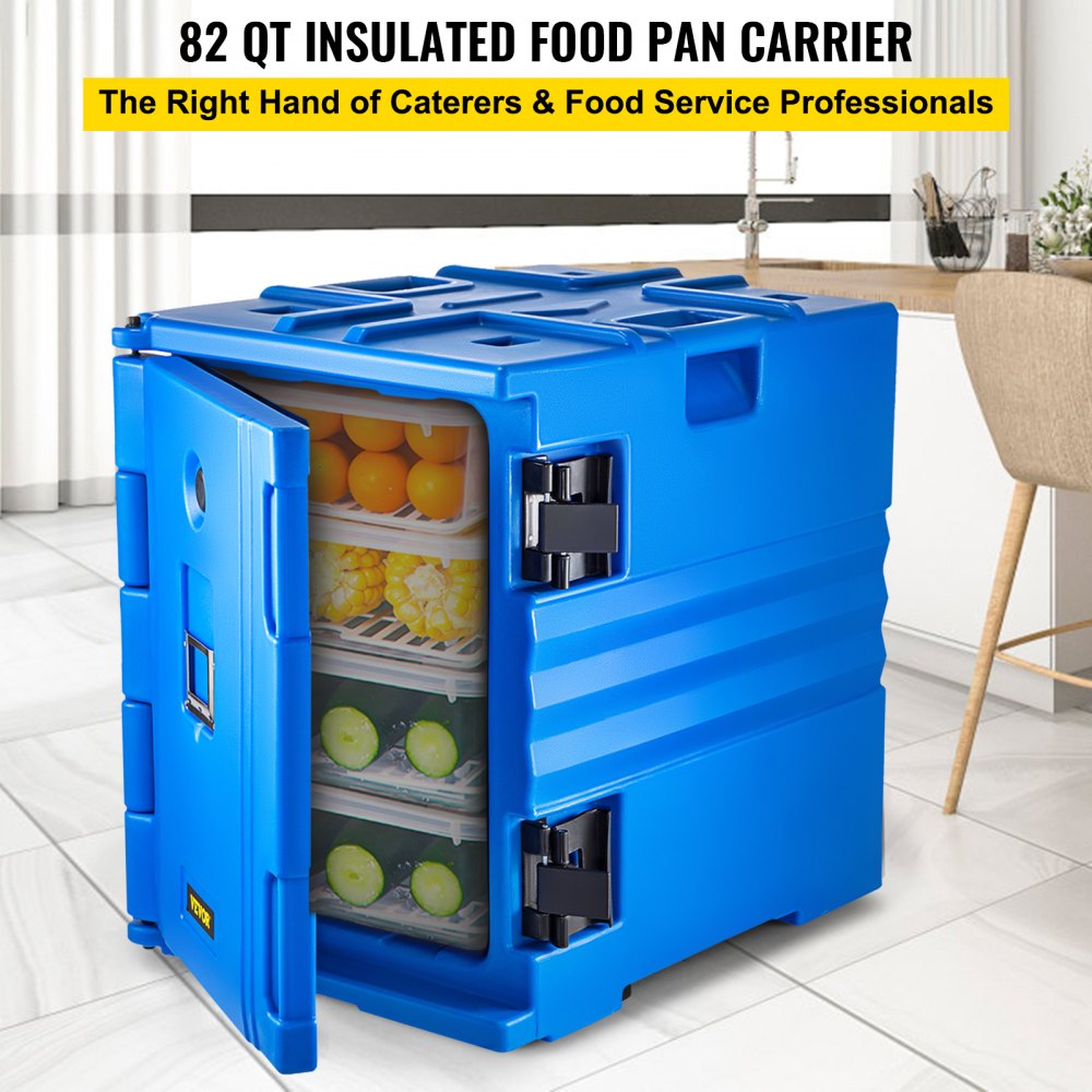VEVOR Insulated Food Pan Carrier, 82 Qt Hot Box for Catering, LLDPE Food Box Carrier w/ Double Buckles, Front Loading Food Warmer w/ Handles, Stackable End Loader for Restaurant, Canteen, etc. Blue