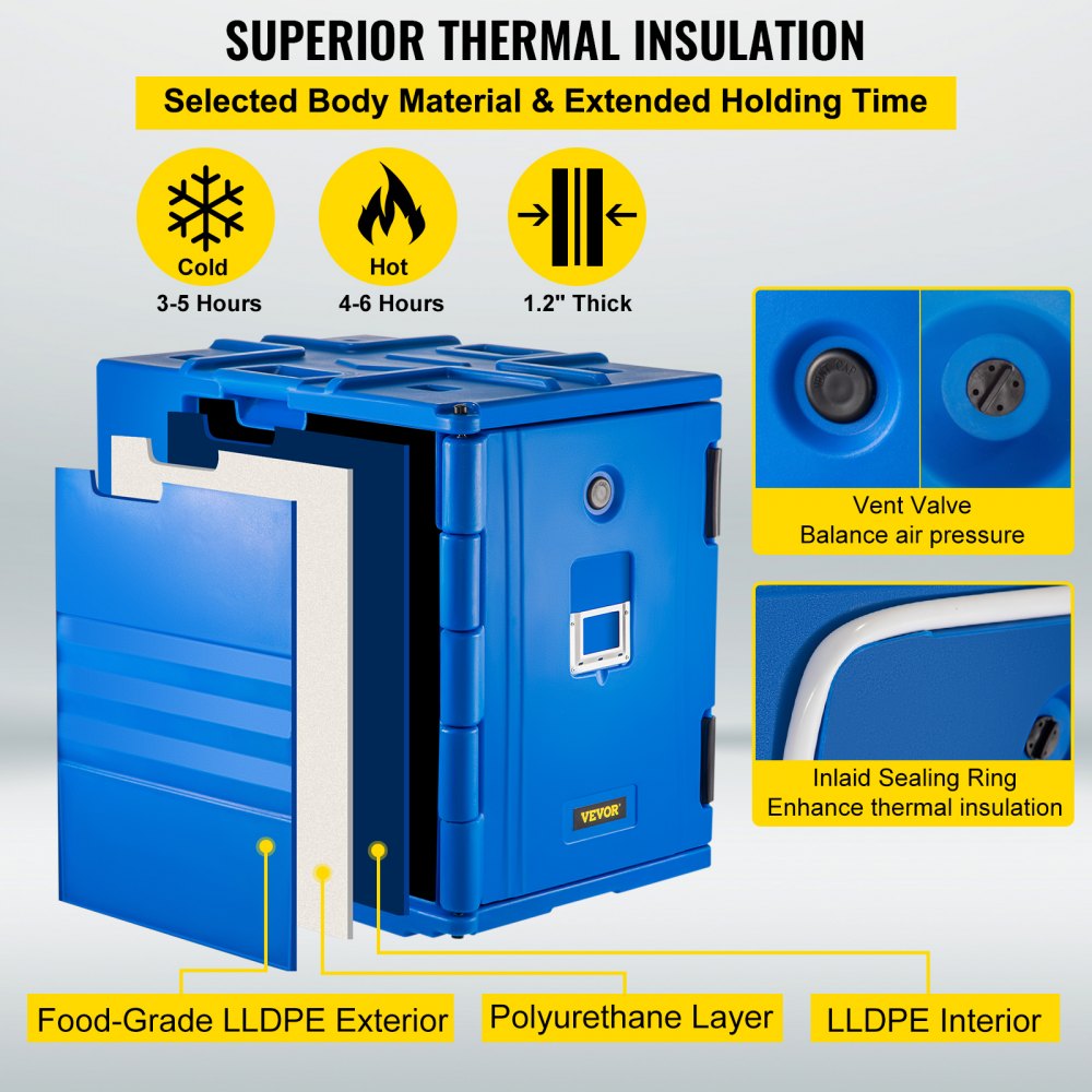 VEVOR Insulated Food Pan Carrier, 82 Qt Hot Box for Catering, LLDPE Food Box Carrier w/ Double Buckles, Front Loading Food Warmer w/ Handles, Stackable End Loader for Restaurant, Canteen, etc. Blue