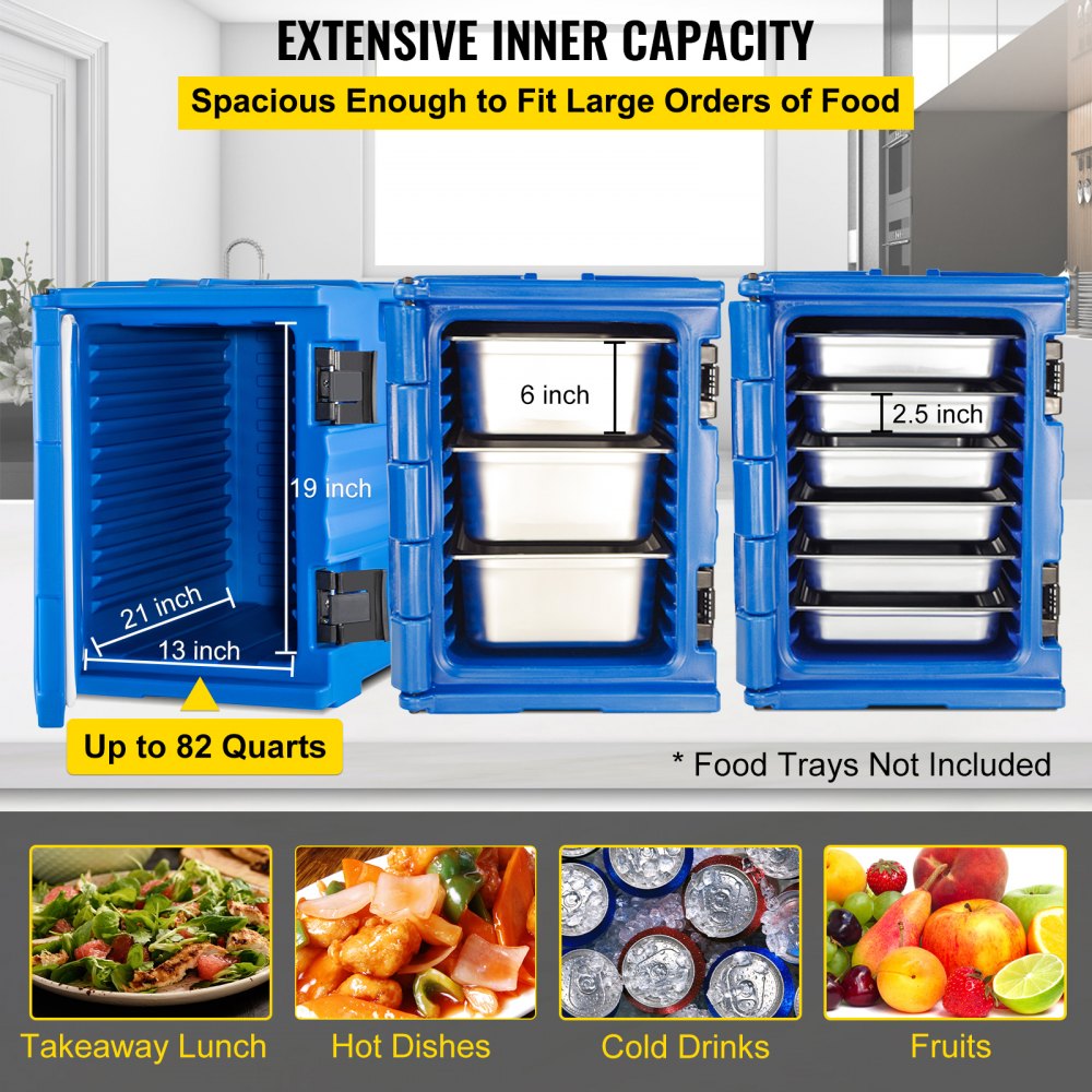 VEVOR Insulated Food Pan Carrier, 82 Qt Hot Box for Catering, LLDPE Food Box Carrier w/ Double Buckles, Front Loading Food Warmer w/ Handles, Stackable End Loader for Restaurant, Canteen, etc. Blue