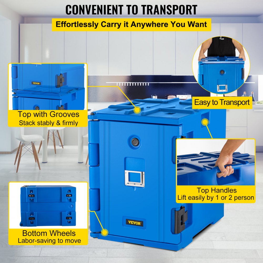 VEVOR Insulated Food Pan Carrier, 82 Qt Hot Box for Catering, LLDPE Food Box Carrier w/ Double Buckles, Front Loading Food Warmer w/ Handles, Stackable End Loader for Restaurant, Canteen, etc. Blue