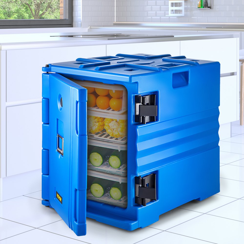 VEVOR Insulated Food Pan Carrier, 82 Qt Hot Box for Catering, LLDPE Food Box Carrier w/ Double Buckles, Front Loading Food Warmer w/ Handles, Stackable End Loader for Restaurant, Canteen, etc. Blue
