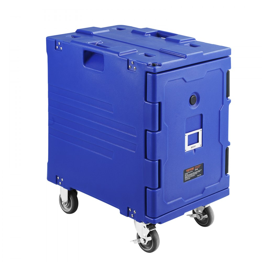 blue VEVOR insulated food pan carrier with wheels and latch, ensuring portable food storage.