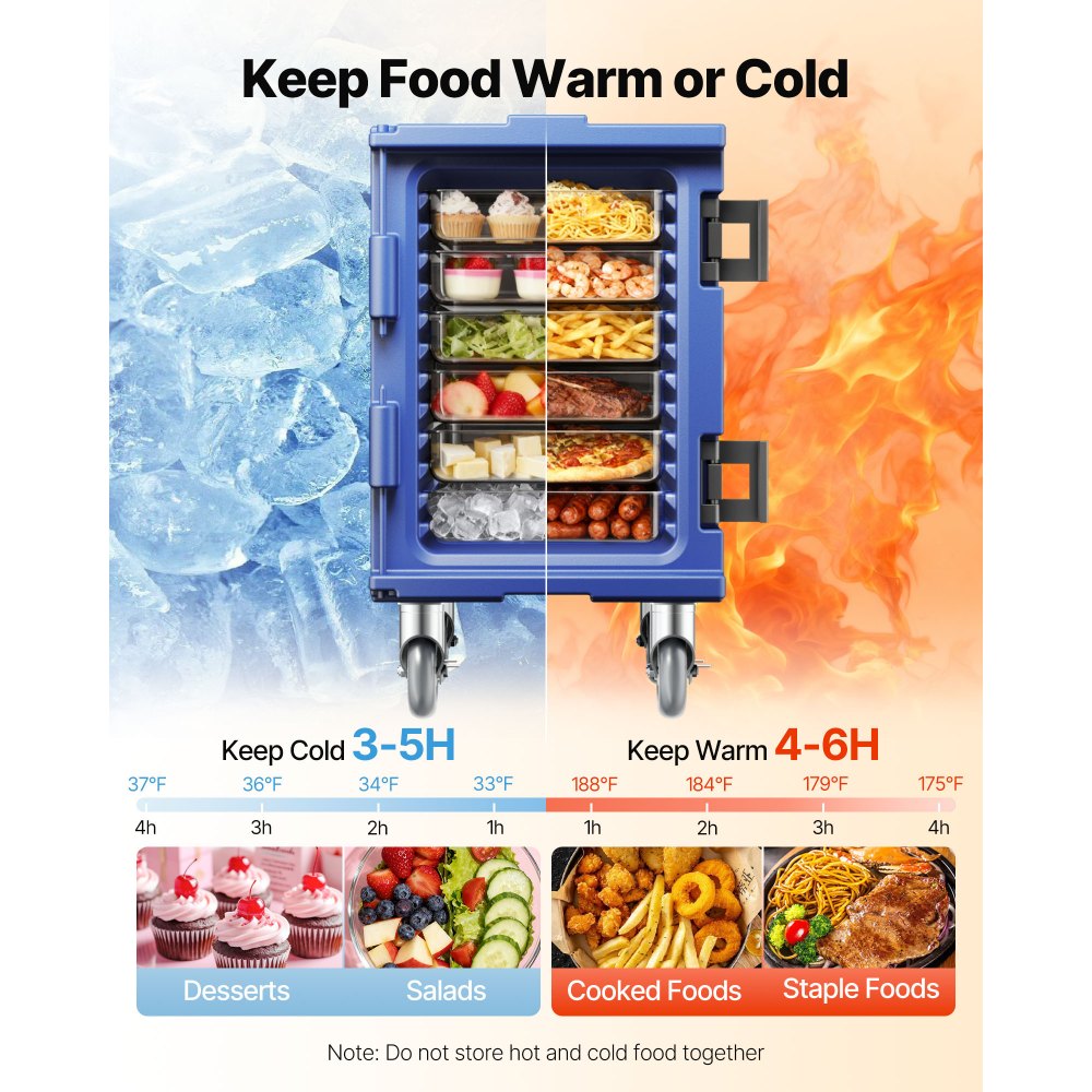 VEVOR Insulated Food Pan Carrier, 82 Qt Hot Box for Catering, LLDPE Food Box Carrier with One-Piece Buckle, Front Loading Food Warmer with Handles, End Loader with Wheels for Restaurant, Canteen, etc.