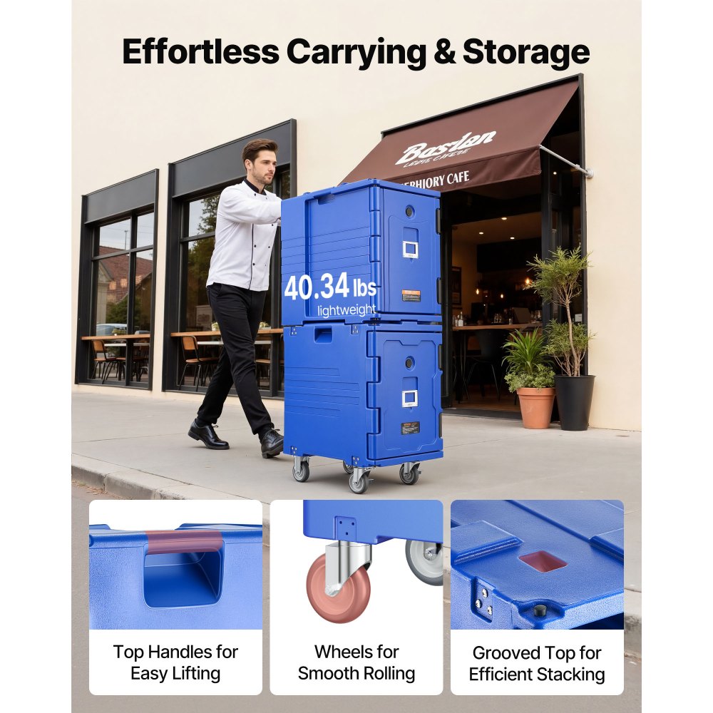 VEVOR Insulated Food Pan Carrier, 82 Qt Hot Box for Catering, LLDPE Food Box Carrier with One-Piece Buckle, Front Loading Food Warmer with Handles, End Loader with Wheels for Restaurant, Canteen, etc.