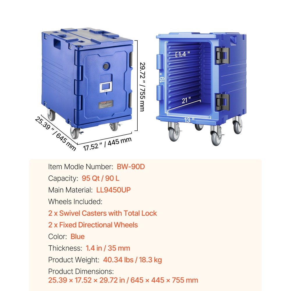 VEVOR Insulated Food Pan Carrier, 82 Qt Hot Box for Catering, LLDPE Food Box Carrier with One-Piece Buckle, Front Loading Food Warmer with Handles, End Loader with Wheels for Restaurant, Canteen, etc.