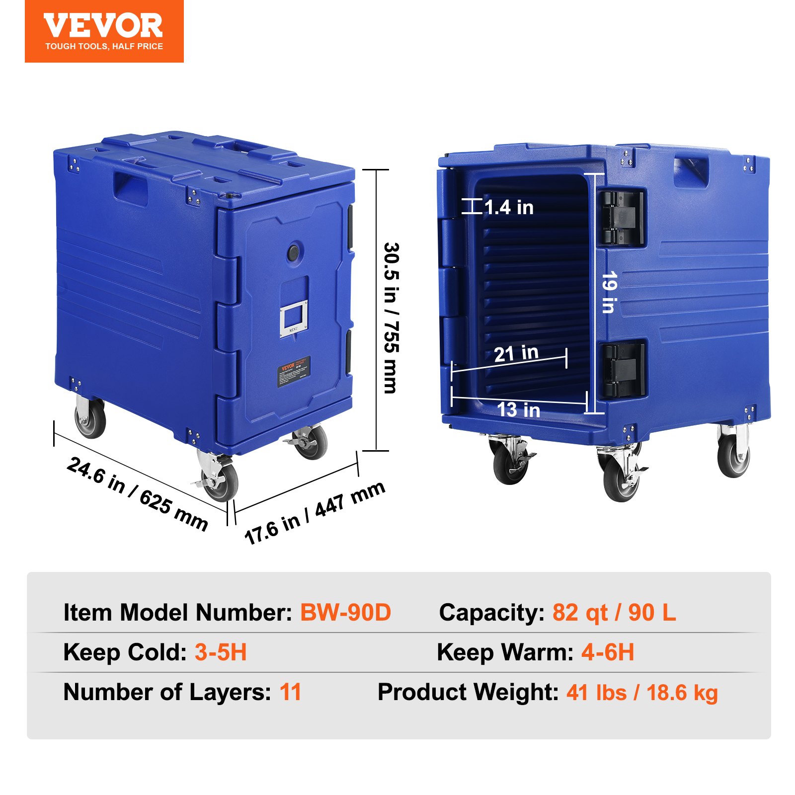 VEVOR insulated food pan carrier, model bw-90d, with wheels and capacity dimensions.
