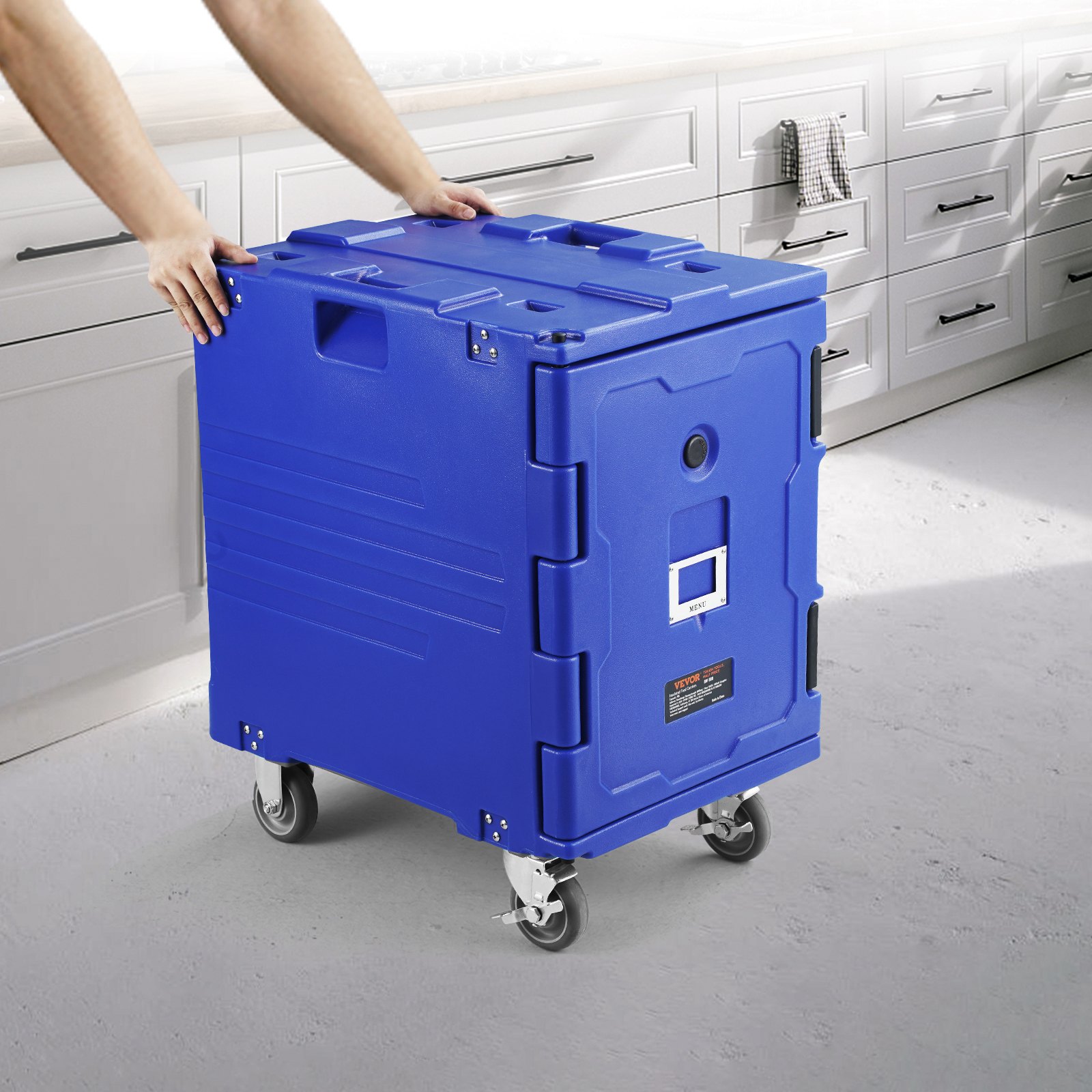 person pushing a blue VEVOR insulated food pan carrier in a kitchen.