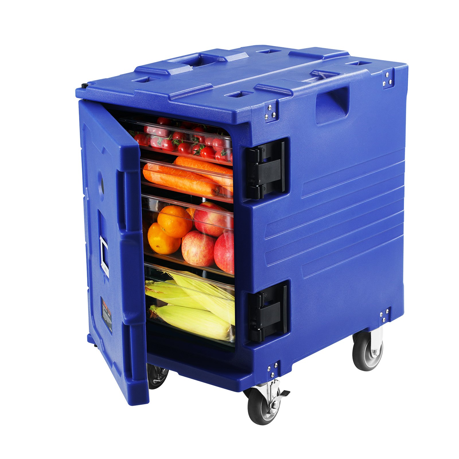 blue VEVOR insulated food pan carrier with fruits and vegetables on shelves.