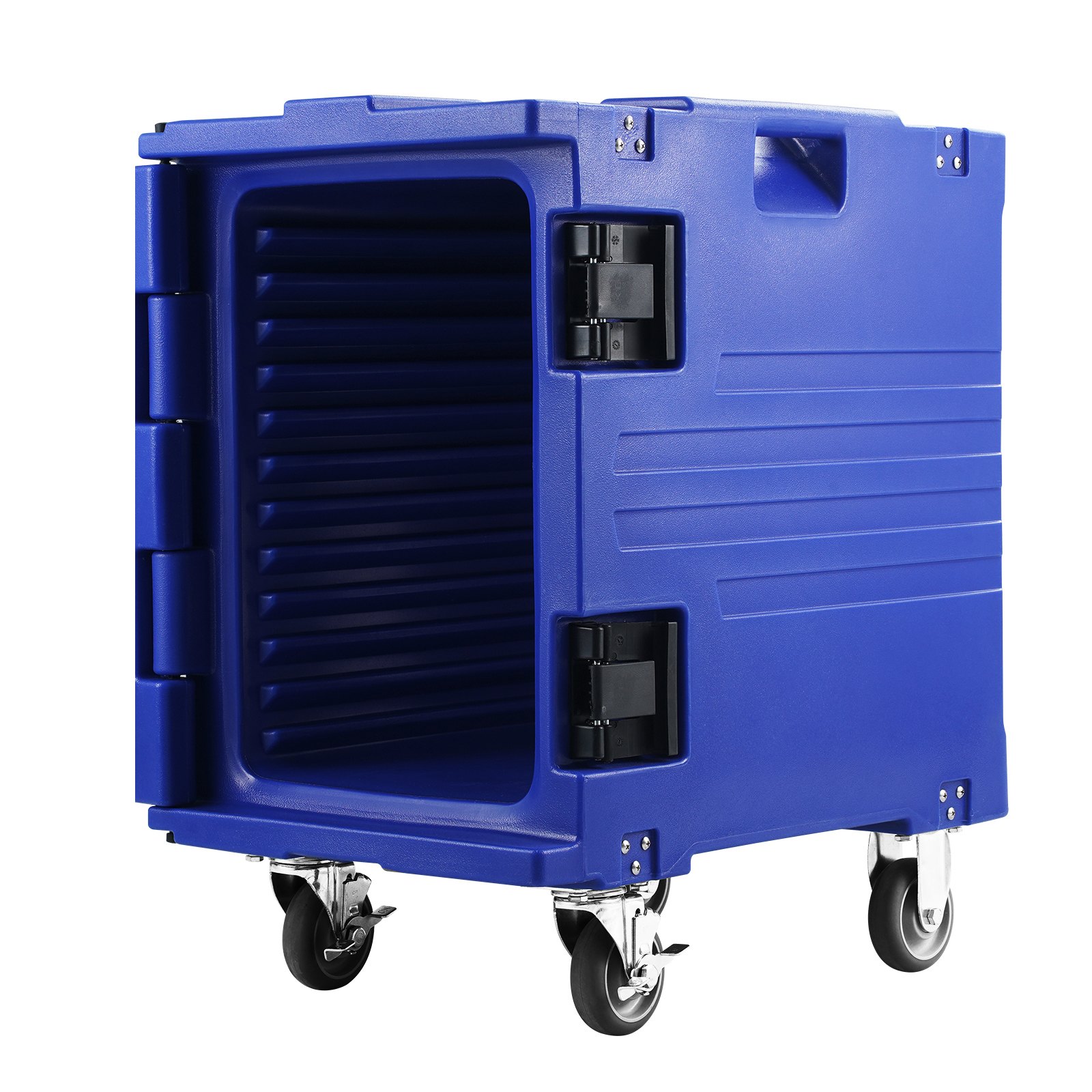 blue VEVOR insulated food pan carrier with wheels and open door.
