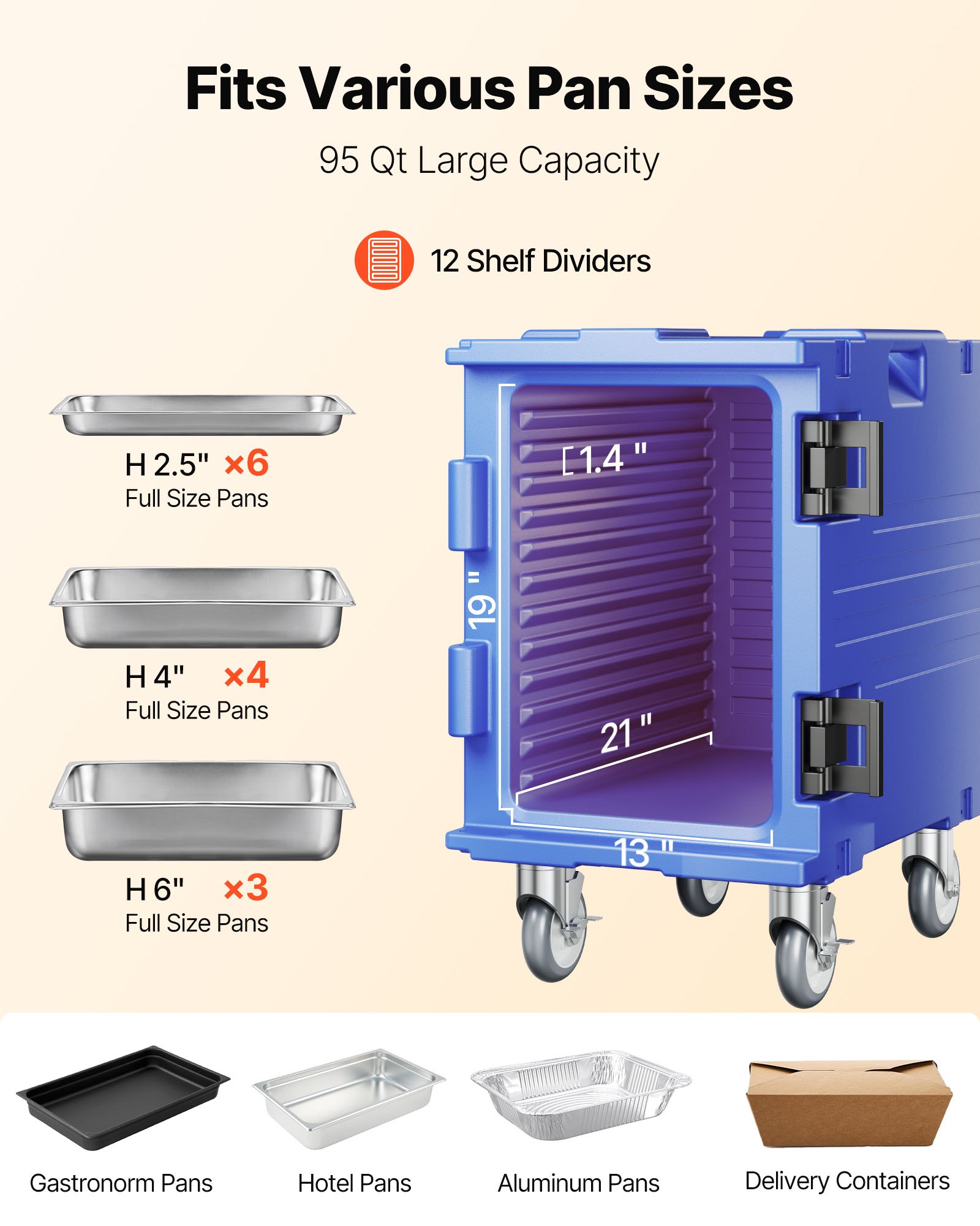 VEVOR Insulated Food Pan Carrier, 82 Qt Hot Box for Catering, LLDPE Food Box Carrier with One-Piece Buckle, Front Loading Food Warmer with Handles, End Loader with Wheels for Restaurant, Canteen, etc.