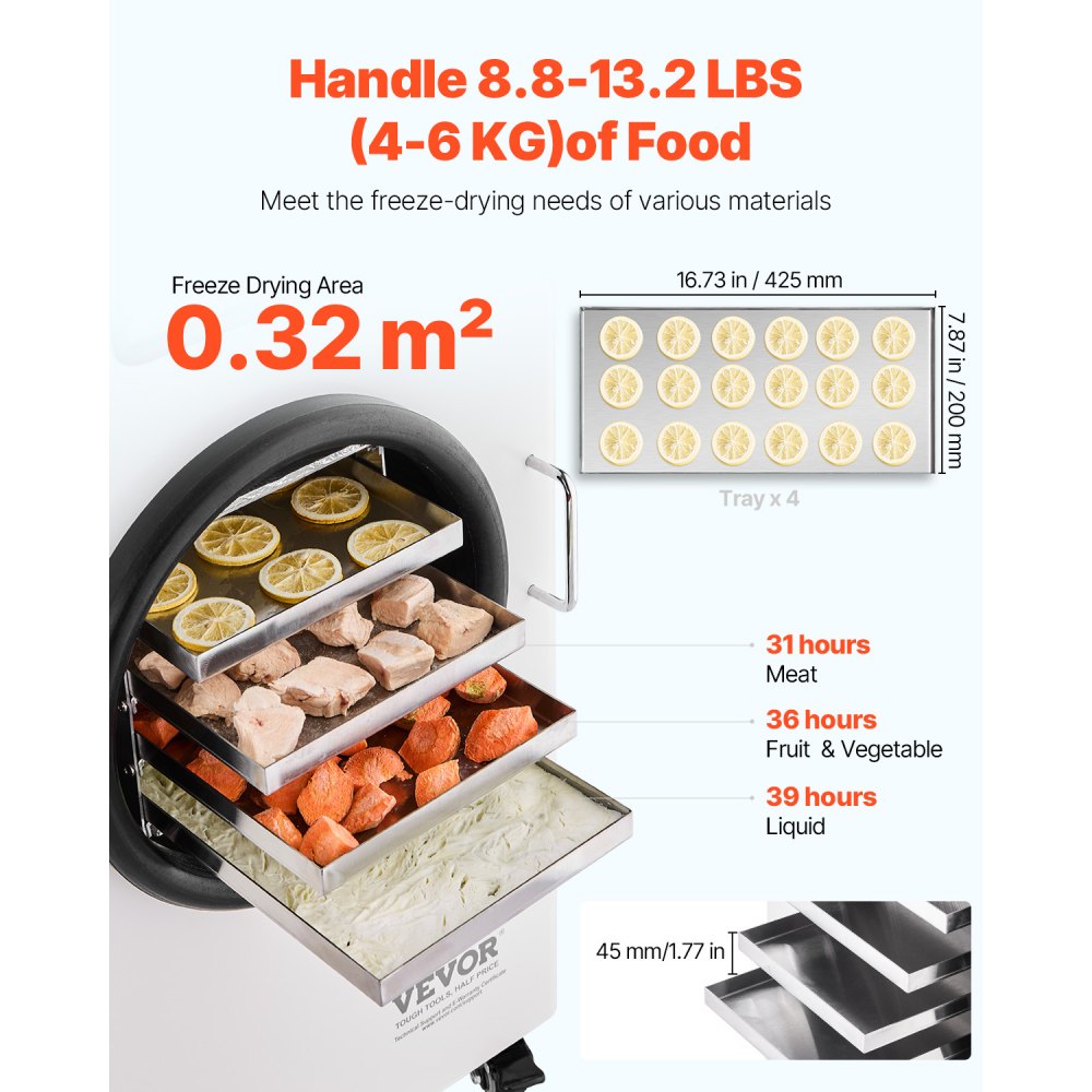 VEVOR Vacuum Freeze Dryer Machine, 8.8-13.2 LBS/Batch Food Freeze Drying Machine with 4-Layer Trays, Vacuum Pump, Adjustable Timer and Temperature Control, for Fruits Vegetables Meat, White