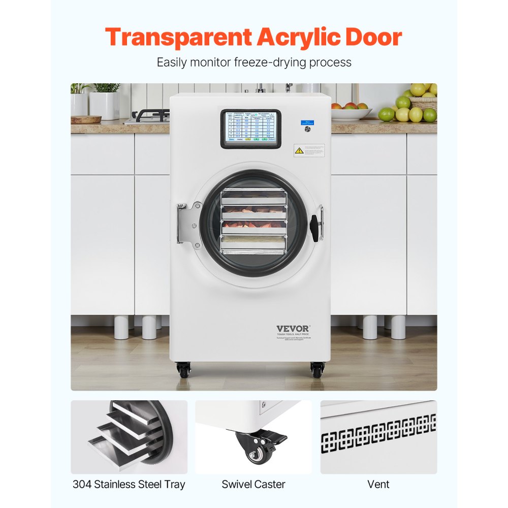 VEVOR Vacuum Freeze Dryer Machine, 8.8-13.2 LBS/Batch Food Freeze Drying Machine with 4-Layer Trays, Vacuum Pump, Adjustable Timer and Temperature Control, for Fruits Vegetables Meat, White