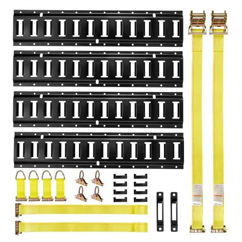 VEVOR E-Track Tie-Down Rail Kit, 4 Pack 2 ft E Track Rails, 20 Pcs Includes 2 Ratchet Straps & 4 O-Rings & 4 Tie-Offs with D-Ring & 2 Single Slots & 8 End Caps, Fit for Garages Vans Trailers