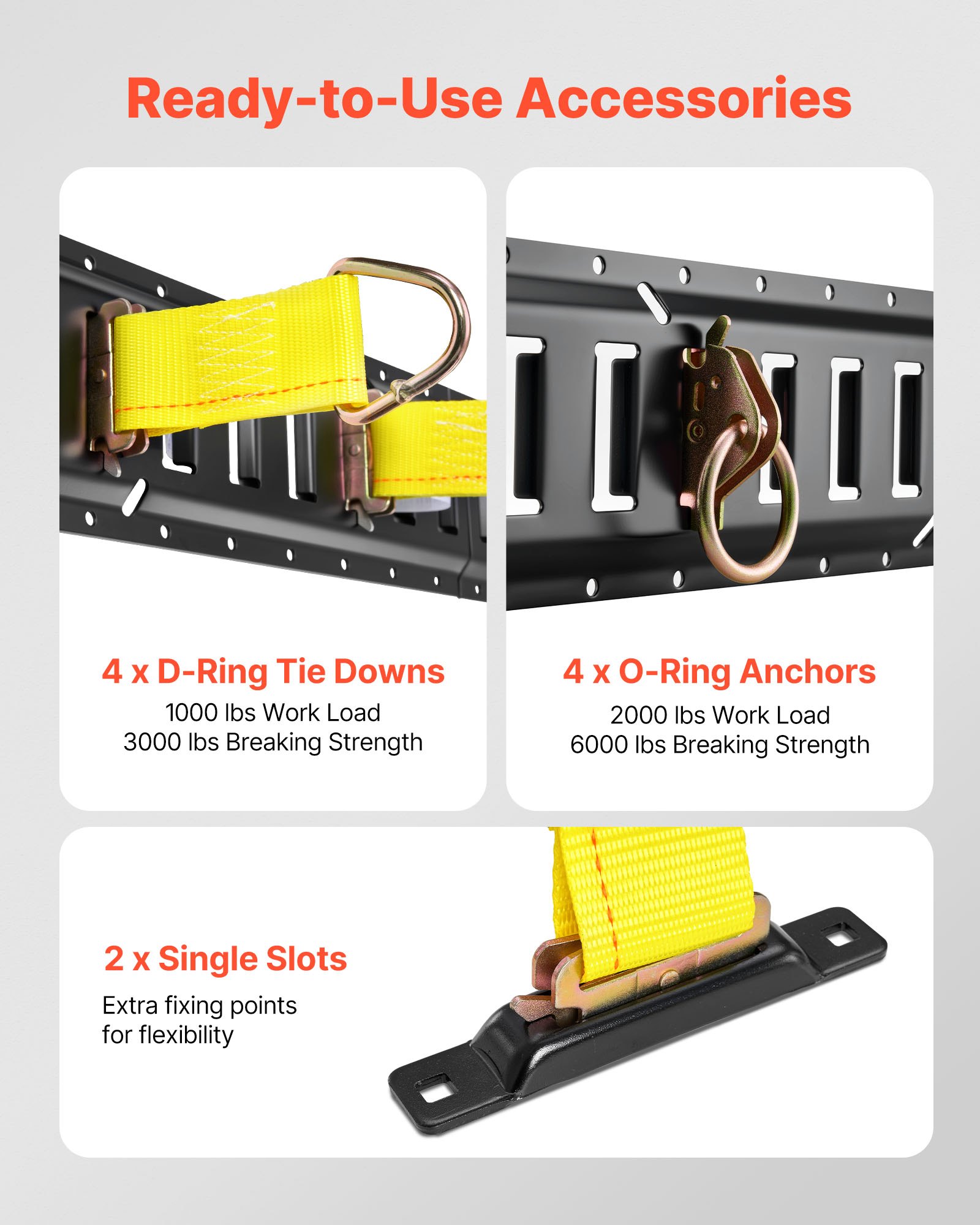 VEVOR E-Track Tie-Down Rail Kit, 4 Pack 2 ft E Track Rails, 20 Pcs Includes 2 Ratchet Straps & 4 O-Rings & 4 Tie-Offs with D-Ring & 2 Single Slots & 8 End Caps, Fit for Garages Vans Trailers