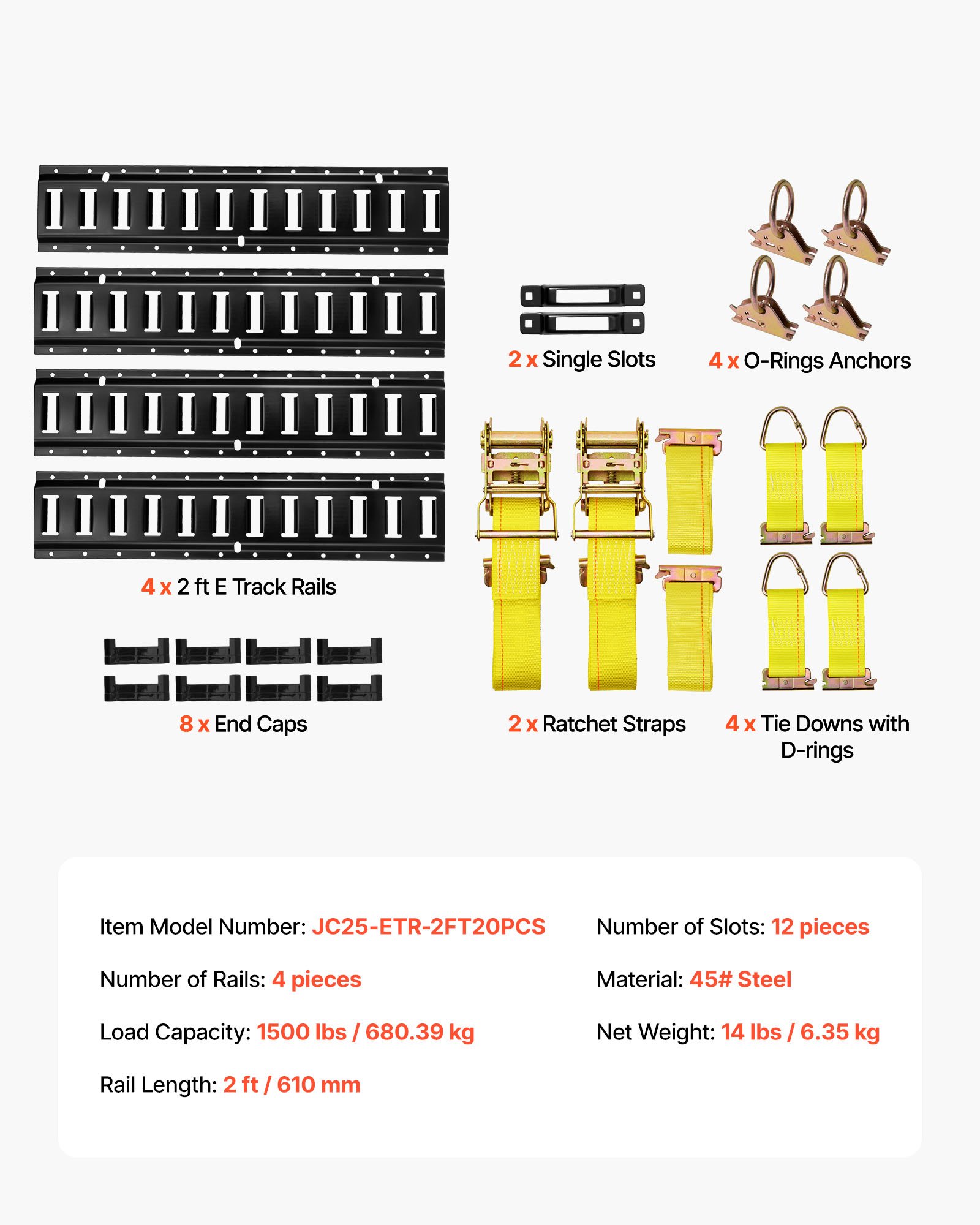VEVOR E-Track Tie-Down Rail Kit, 4 Pack 2 ft E Track Rails, 20 Pcs Includes 2 Ratchet Straps & 4 O-Rings & 4 Tie-Offs with D-Ring & 2 Single Slots & 8 End Caps, Fit for Garages Vans Trailers