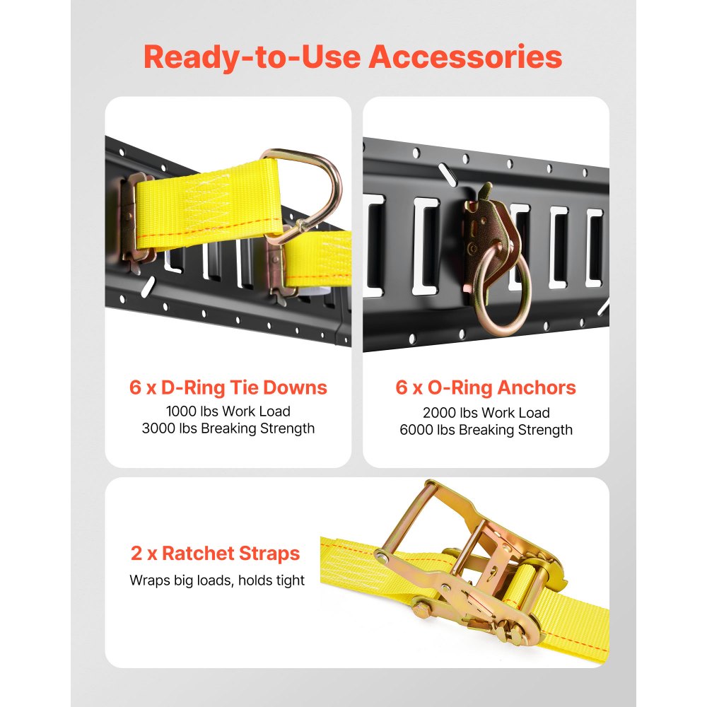 VEVOR E-Track Tie-Down Rail Kit, 6 Pack 5 ft E Track Rails, 26 Pcs Includes 2 Ratchet Straps & 6 O-Rings & 6 Tie-Offs with D-Ring & 12 End Caps, Fit for Garages Vans Trailers Motorcycles