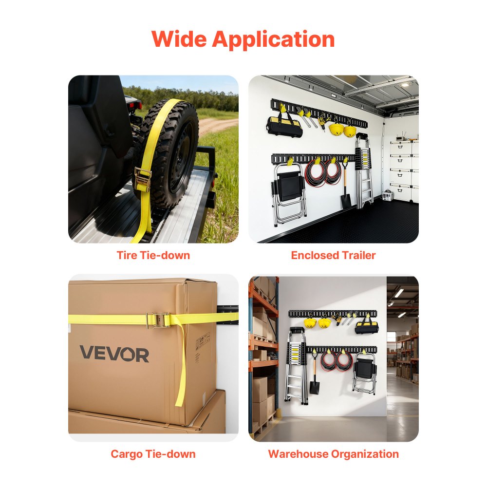 VEVOR E-Track Tie-Down Rail Kit, 6 Pack 5 ft E Track Rails, 26 Pcs Includes 2 Ratchet Straps & 6 O-Rings & 6 Tie-Offs with D-Ring & 12 End Caps, Fit for Garages Vans Trailers Motorcycles