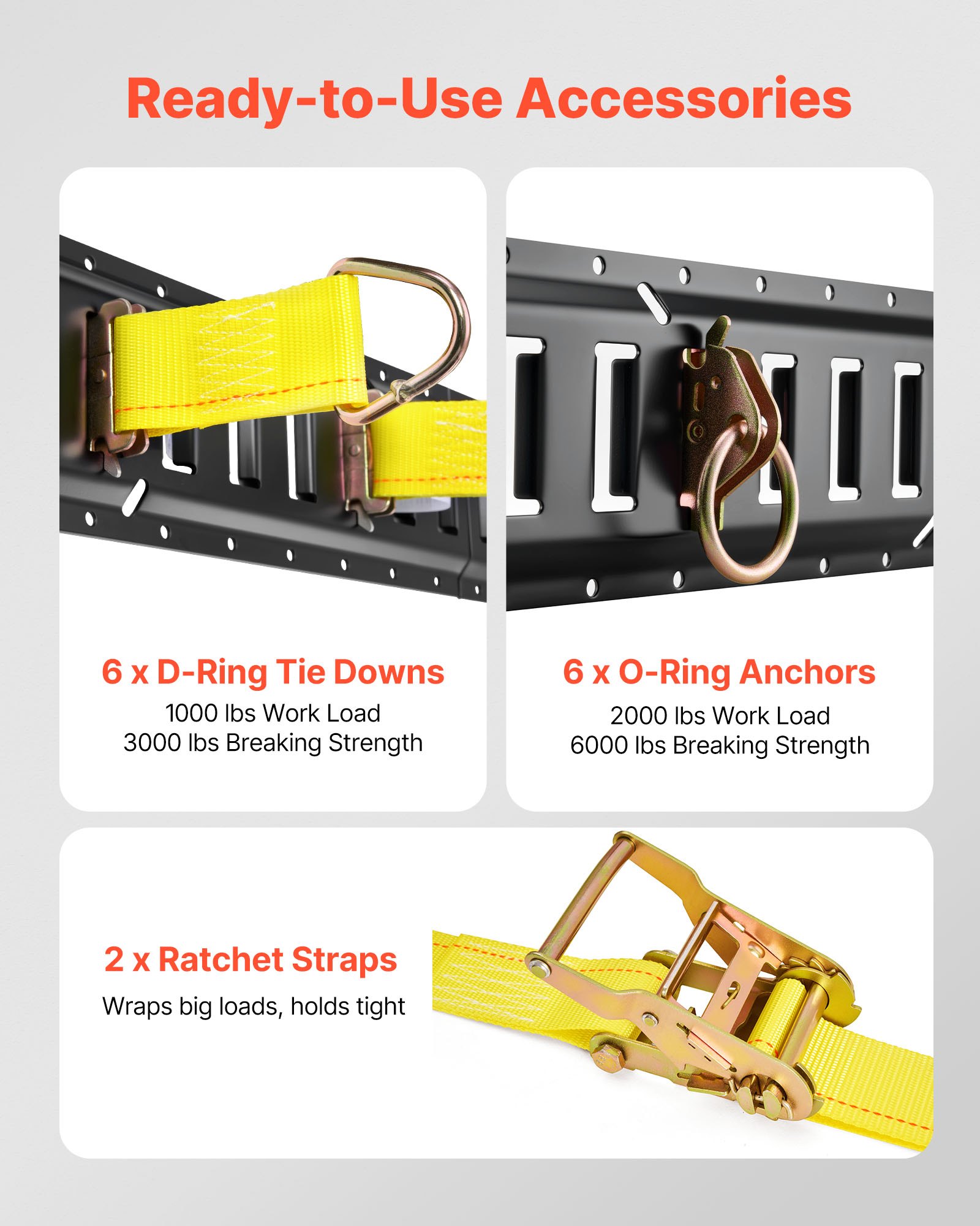 VEVOR E-Track Tie-Down Rail Kit, 6 Pack 5 ft E Track Rails, 26 Pcs Includes 2 Ratchet Straps & 6 O-Rings & 6 Tie-Offs with D-Ring & 12 End Caps, Fit for Garages Vans Trailers Motorcycles