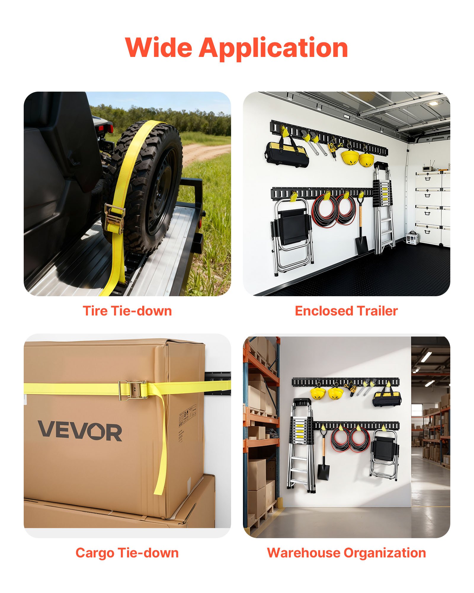 VEVOR E-Track Tie-Down Rail Kit, 6 Pack 5 ft E Track Rails, 26 Pcs Includes 2 Ratchet Straps & 6 O-Rings & 6 Tie-Offs with D-Ring & 12 End Caps, Fit for Garages Vans Trailers Motorcycles