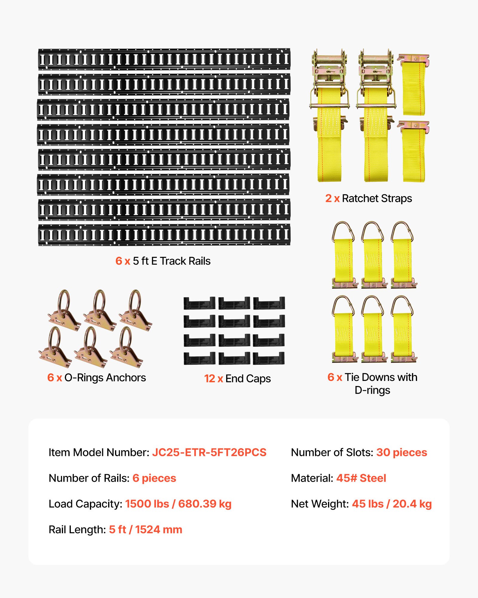 VEVOR E-Track Tie-Down Rail Kit, 6 Pack 5 ft E Track Rails, 26 Pcs Includes 2 Ratchet Straps & 6 O-Rings & 6 Tie-Offs with D-Ring & 12 End Caps, Fit for Garages Vans Trailers Motorcycles
