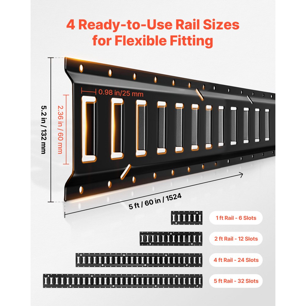 VEVOR E-Track Tie-Down Rail Kit, 8 Pack (1.5m+1.2m+0.6m+0.3m) E Track Rails, 36 Pcs Includes 2 Ratchet Straps & 8 O-Rings & 8 Tie-Offs with D-Ring & 2 Single Slots & 16 End Caps, Fit for Vans Trailers