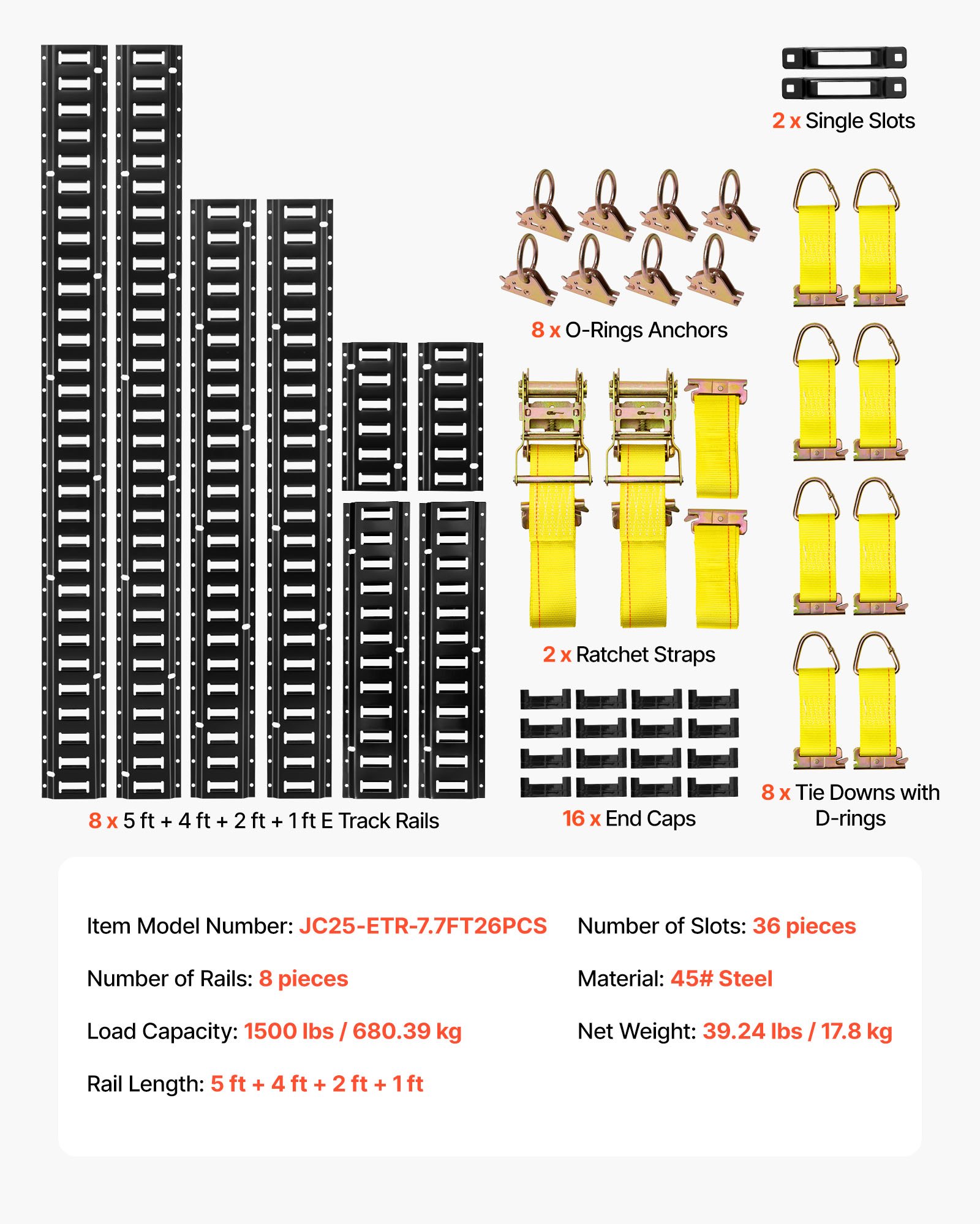 VEVOR E-Track Tie-Down Rail Kit, 8 Pack (1.5m+1.2m+0.6m+0.3m) E Track Rails, 36 Pcs Includes 2 Ratchet Straps & 8 O-Rings & 8 Tie-Offs with D-Ring & 2 Single Slots & 16 End Caps, Fit for Vans Trailers