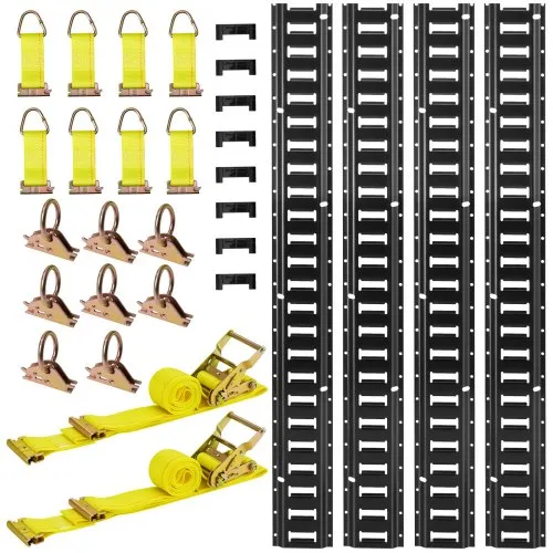 VEVOR E-Track Tie-Down Rail Kit, 4 Pack 7.7 ft E Track Rails, 26 Pcs Includes 2 Ratchet Straps & 8 O-Rings & 8 Tie-Offs with D-Ring & 8 End Caps, Fit for Garages Vans Trailers Motorcycles