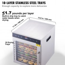 VEVOR 10 Trays Food Dehydrator Machine Stainless Steel 800W Jerky Fruit Drying